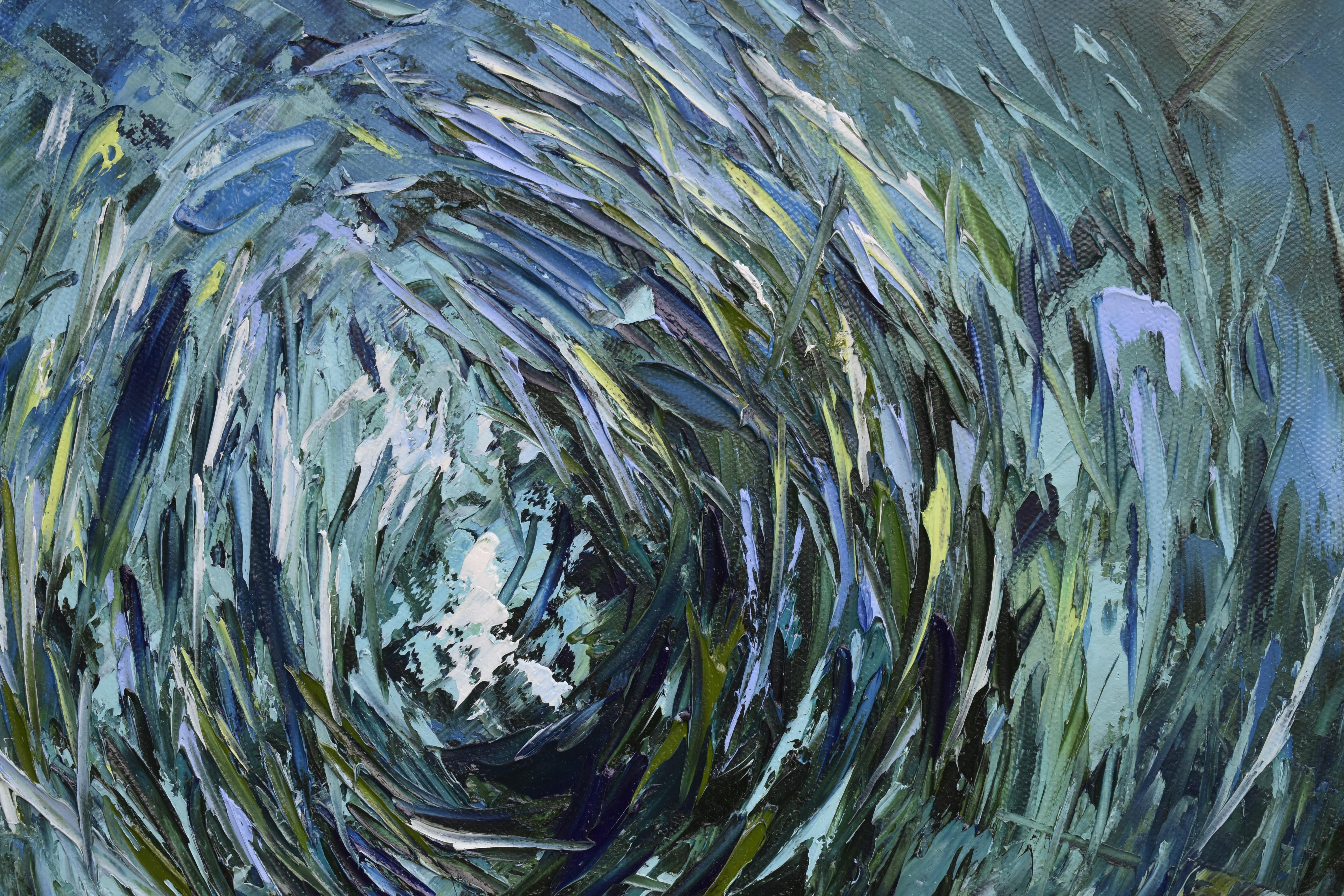 Sardinen Malerei BaitBall Unterwasser Original Kunst Palette Messer Impasto (Grau), Landscape Painting, von Olga Nikitina