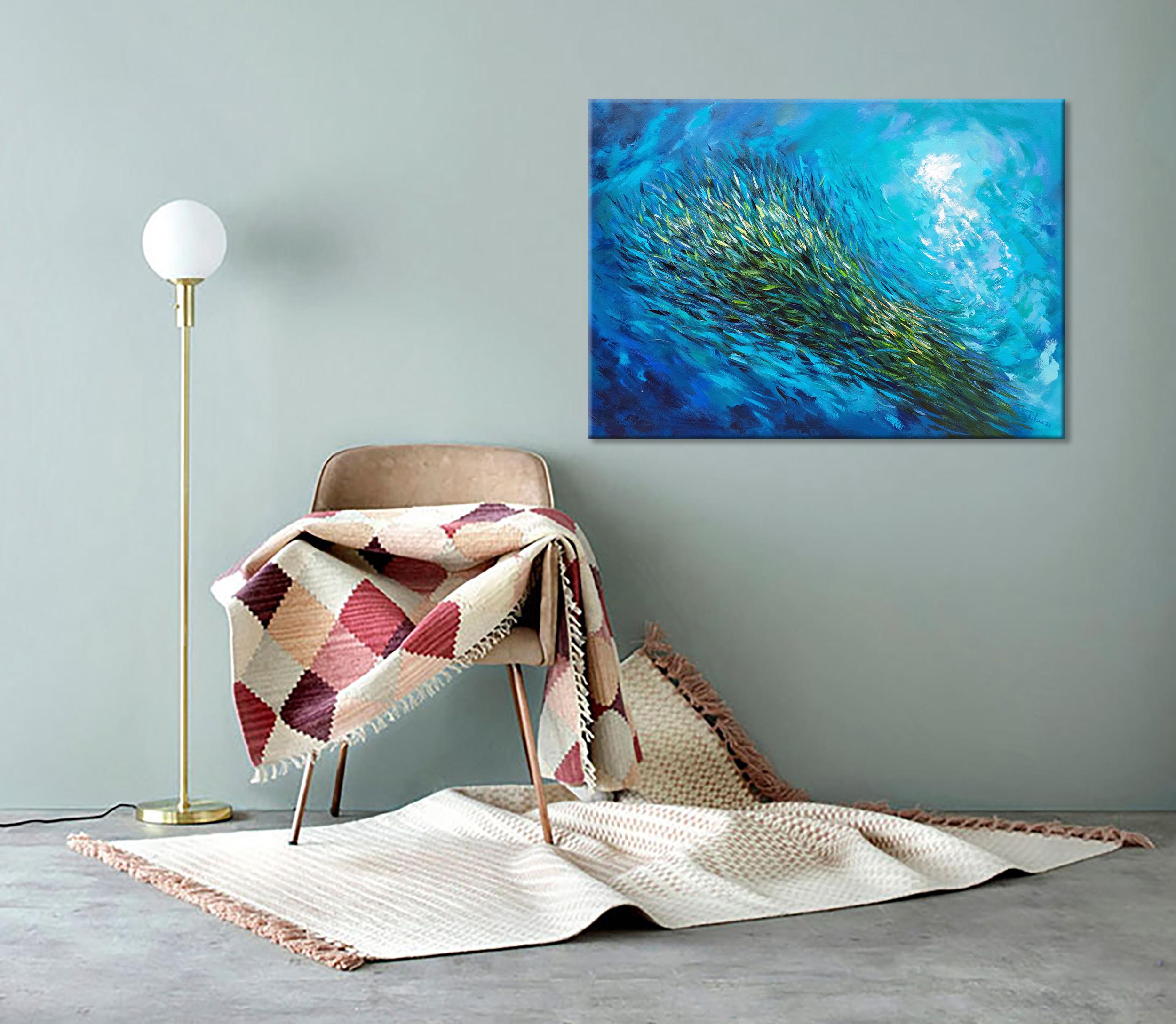 Sardine Pittura Pesce Ruscello Sott'acqua Corsa delle sardine - Painting di Olga Nikitina