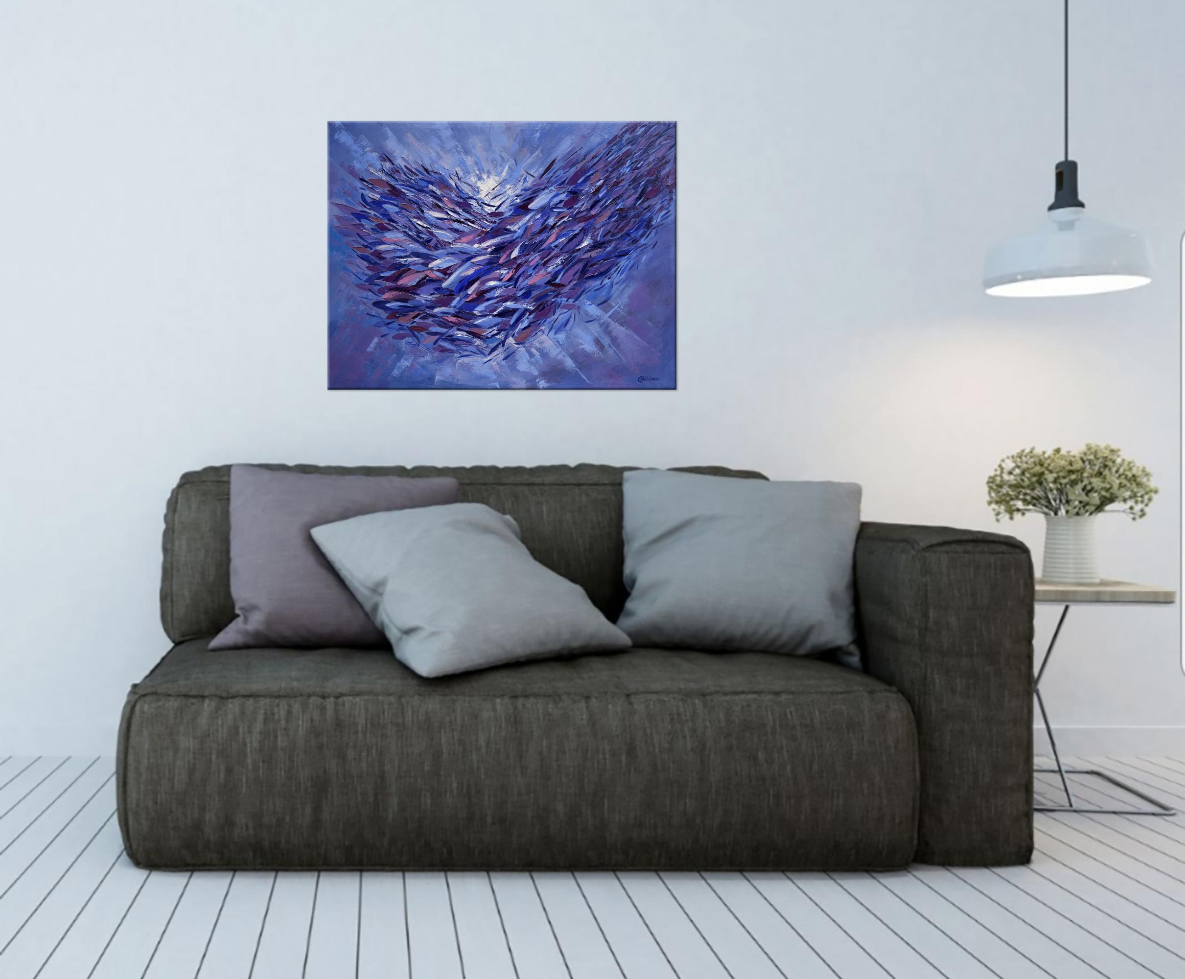 Pittura Sardine Scuola di Pesce Olio su Tela Tavolozza Coltello Arte Impasto - Painting Astratto di Olga Nikitina