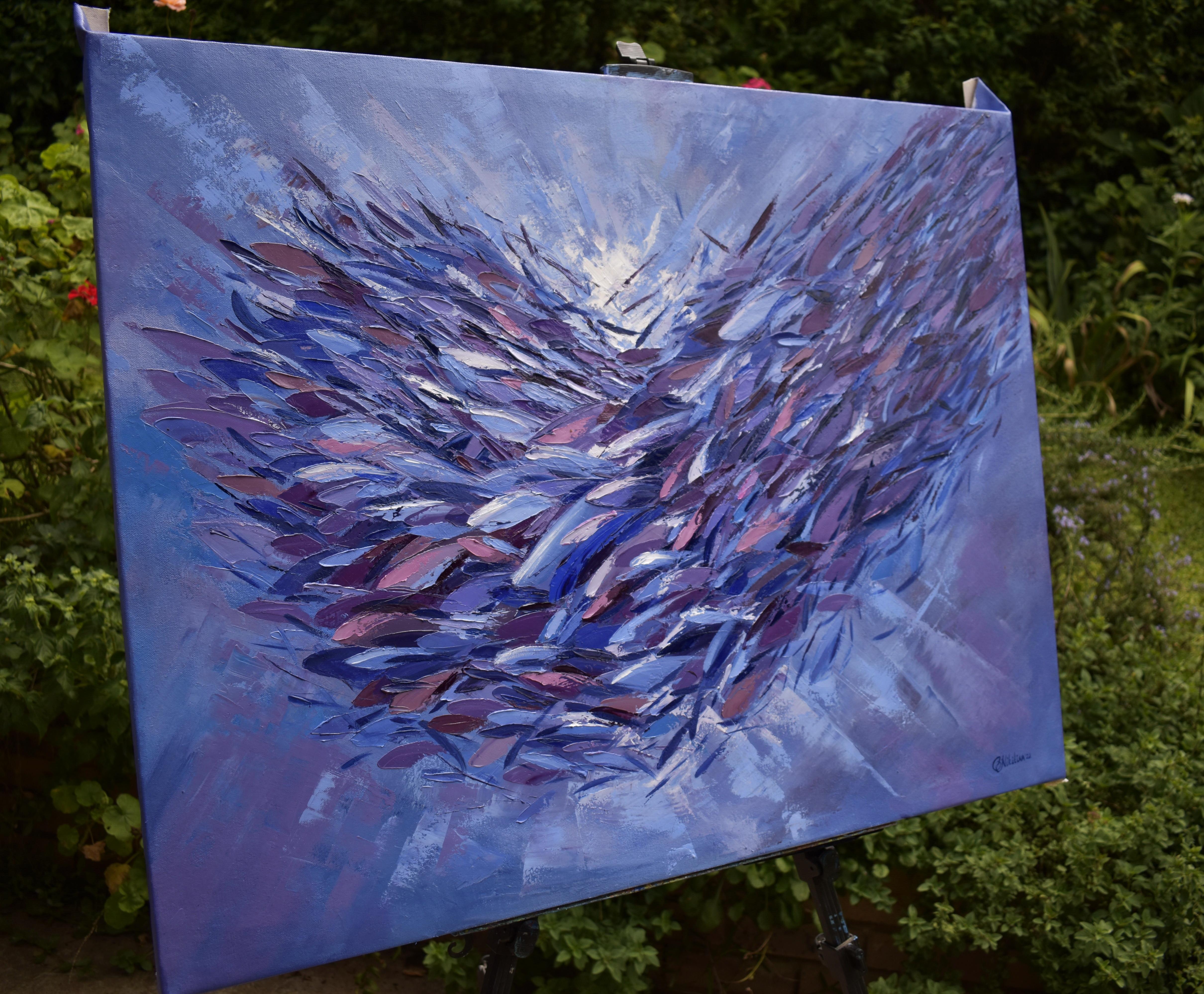 Pittura Sardine Scuola di Pesce Olio su Tela Tavolozza Coltello Arte Impasto in vendita 1