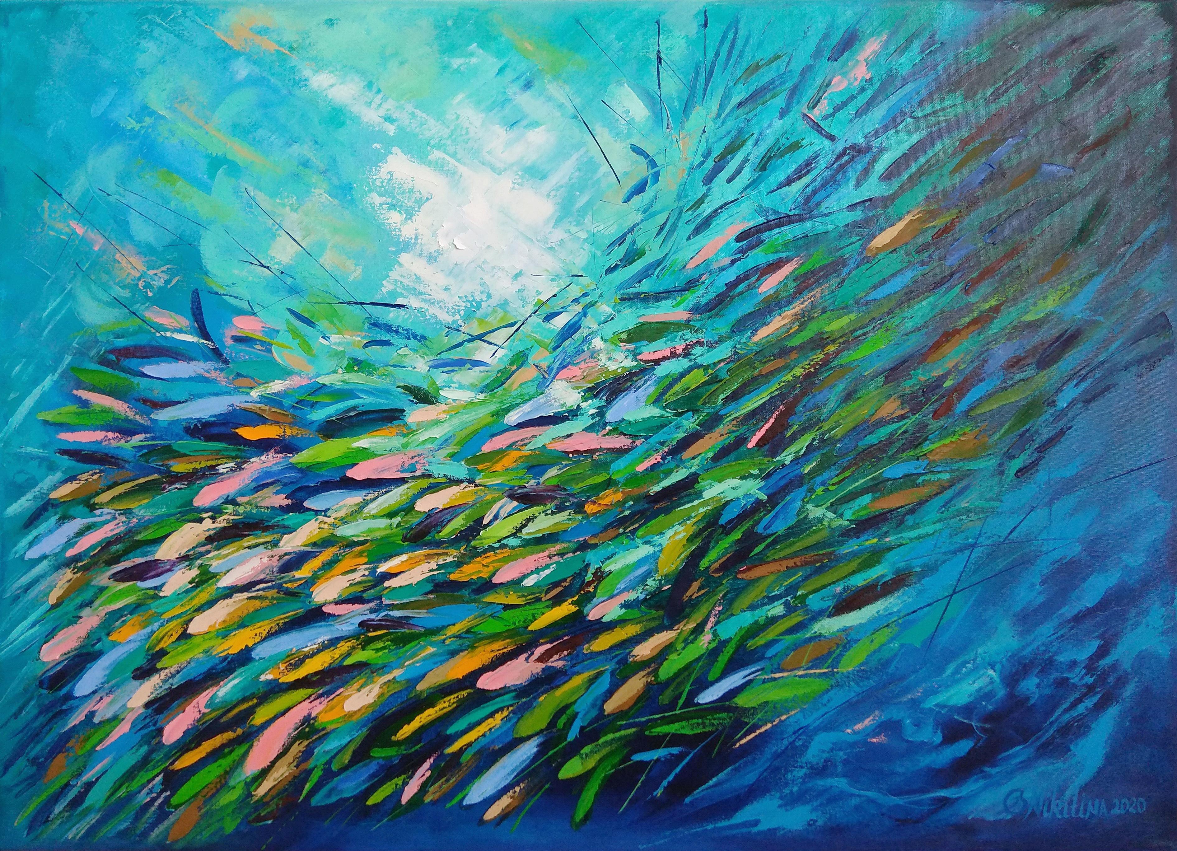 Olga Nikitina Interior Painting – School of Fish Painting Ozeankunst, Fischmalerei