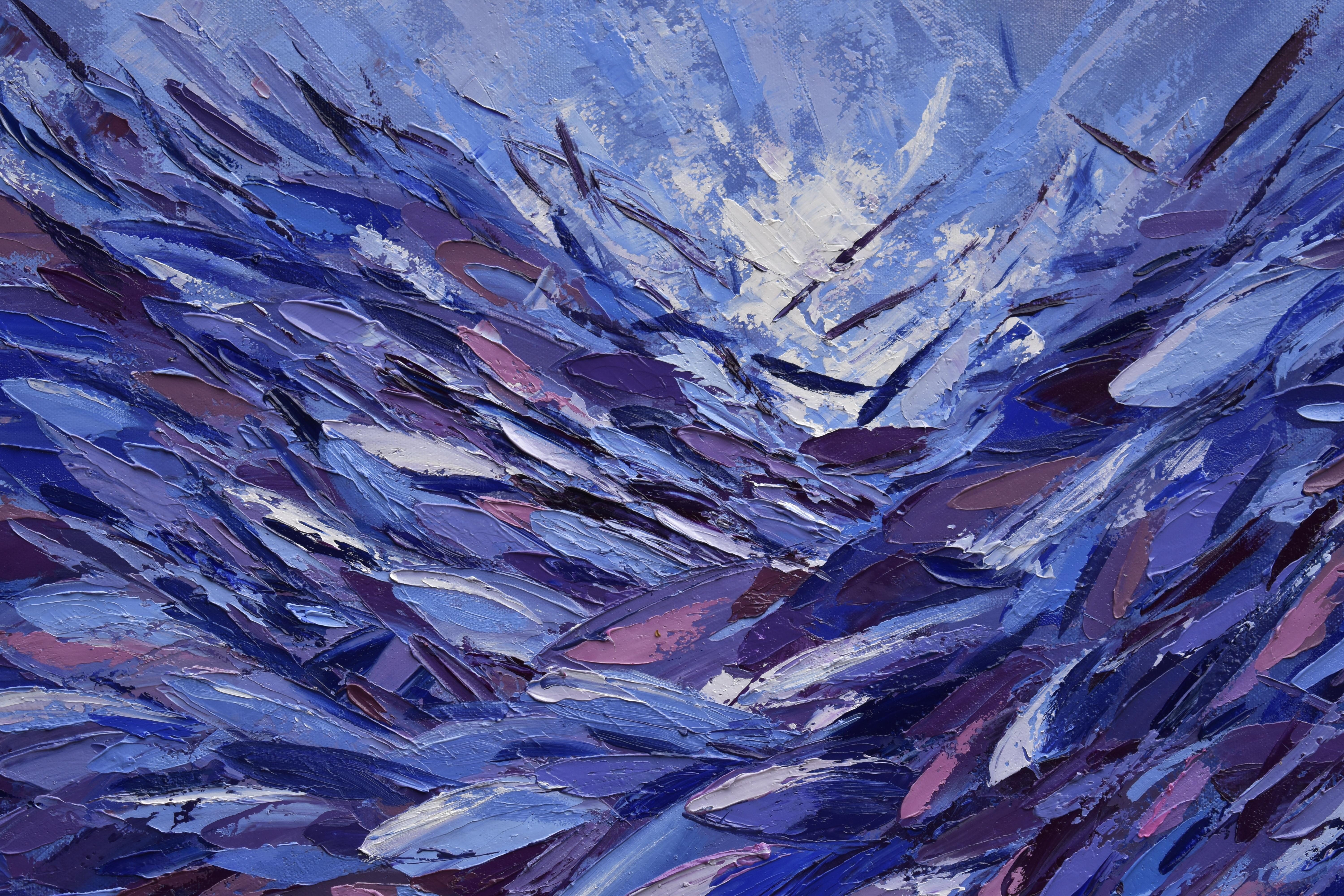 School of Fish Impasto Painting Palette Knife Art

Artist draw her inspiration from interaction with underwater world while scuba diving. 
School of Fish Sardines are invisible in the shadow and deep blue, emerald water just until sunlight switch on