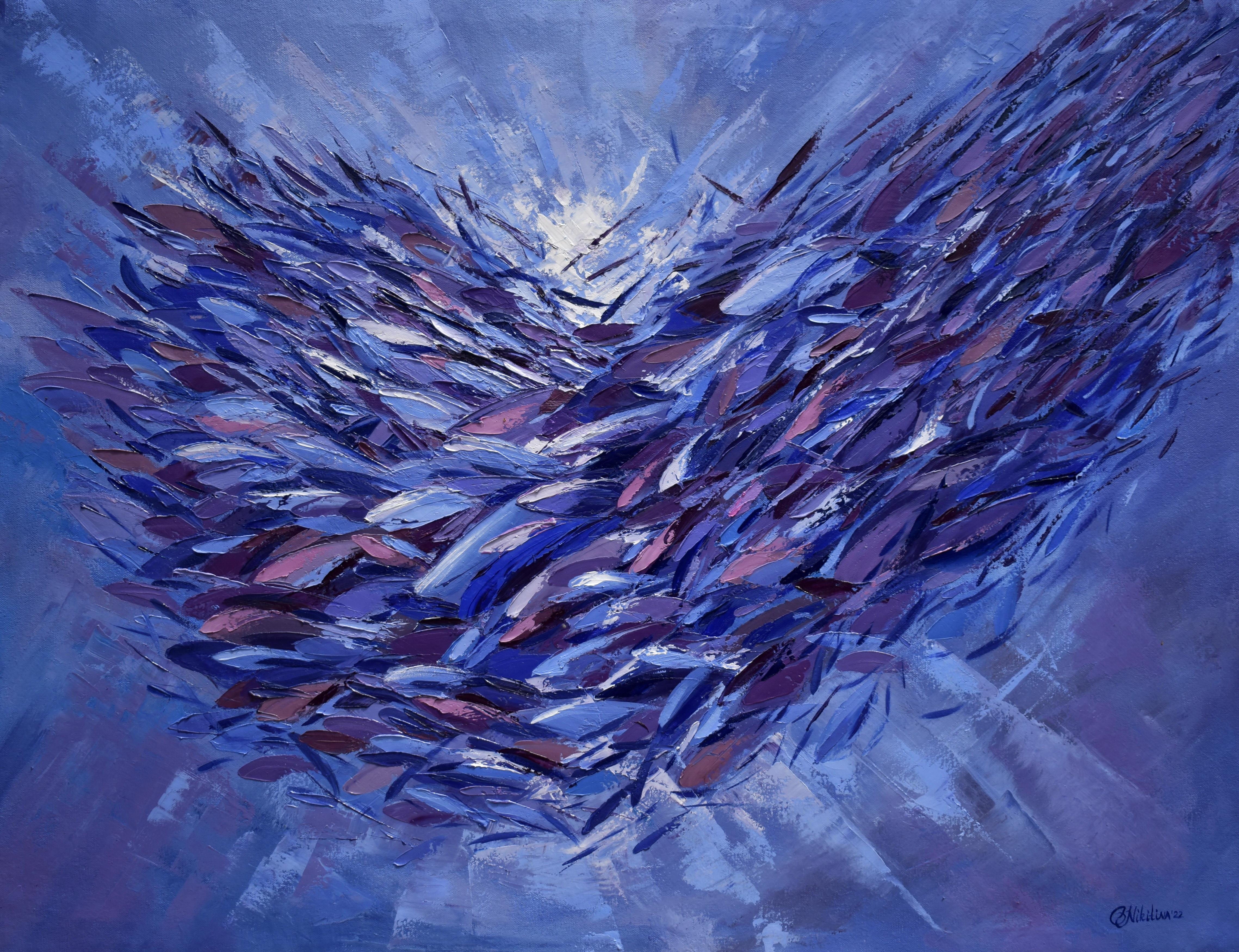 Abstract Painting Olga Nikitina - École de poissons Peinture à l'empâtement Palette Couteau Art