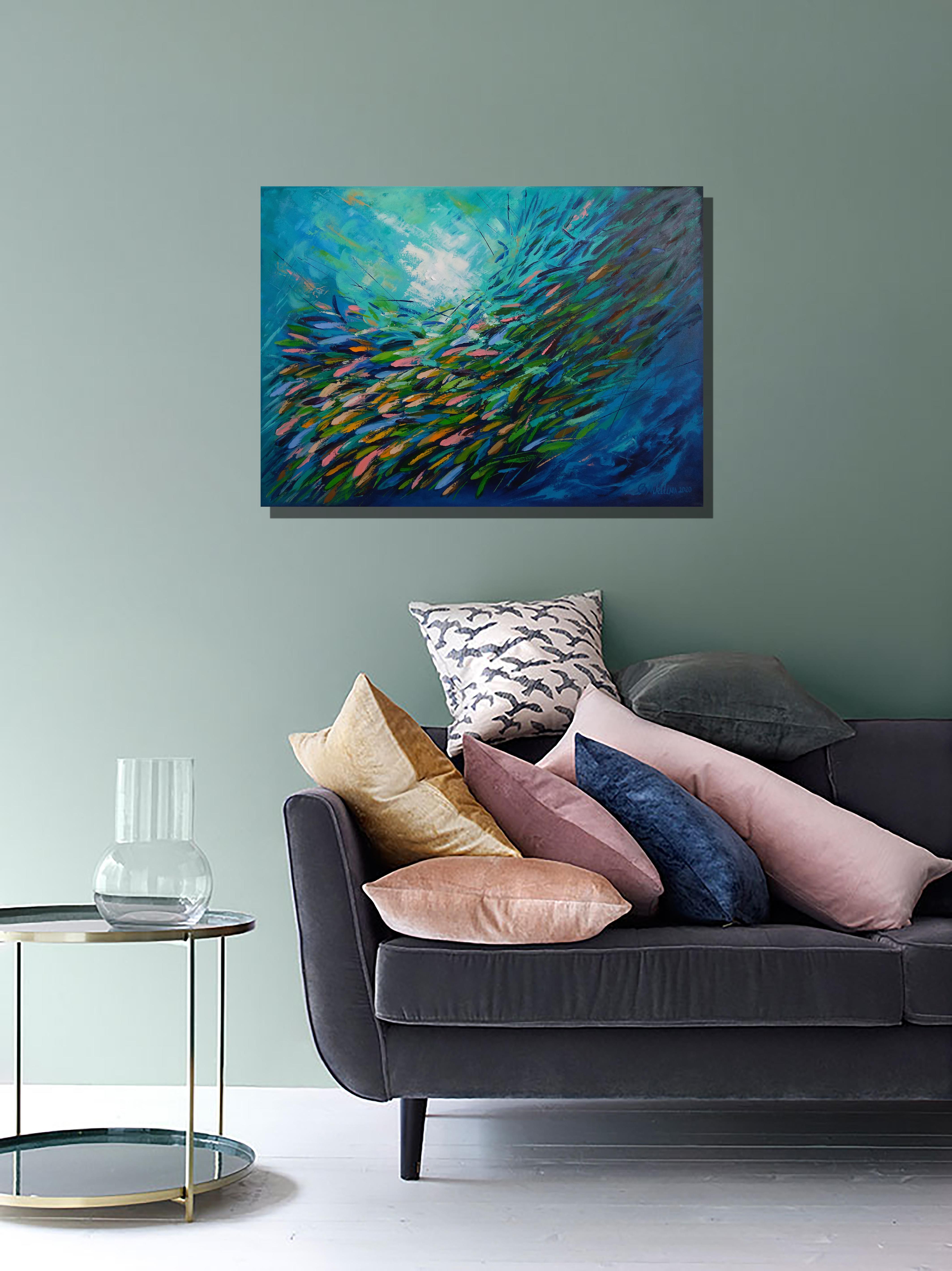 École de poissons Peinture Oceanic Arts - Impressionnisme abstrait Painting par Olga Nikitina