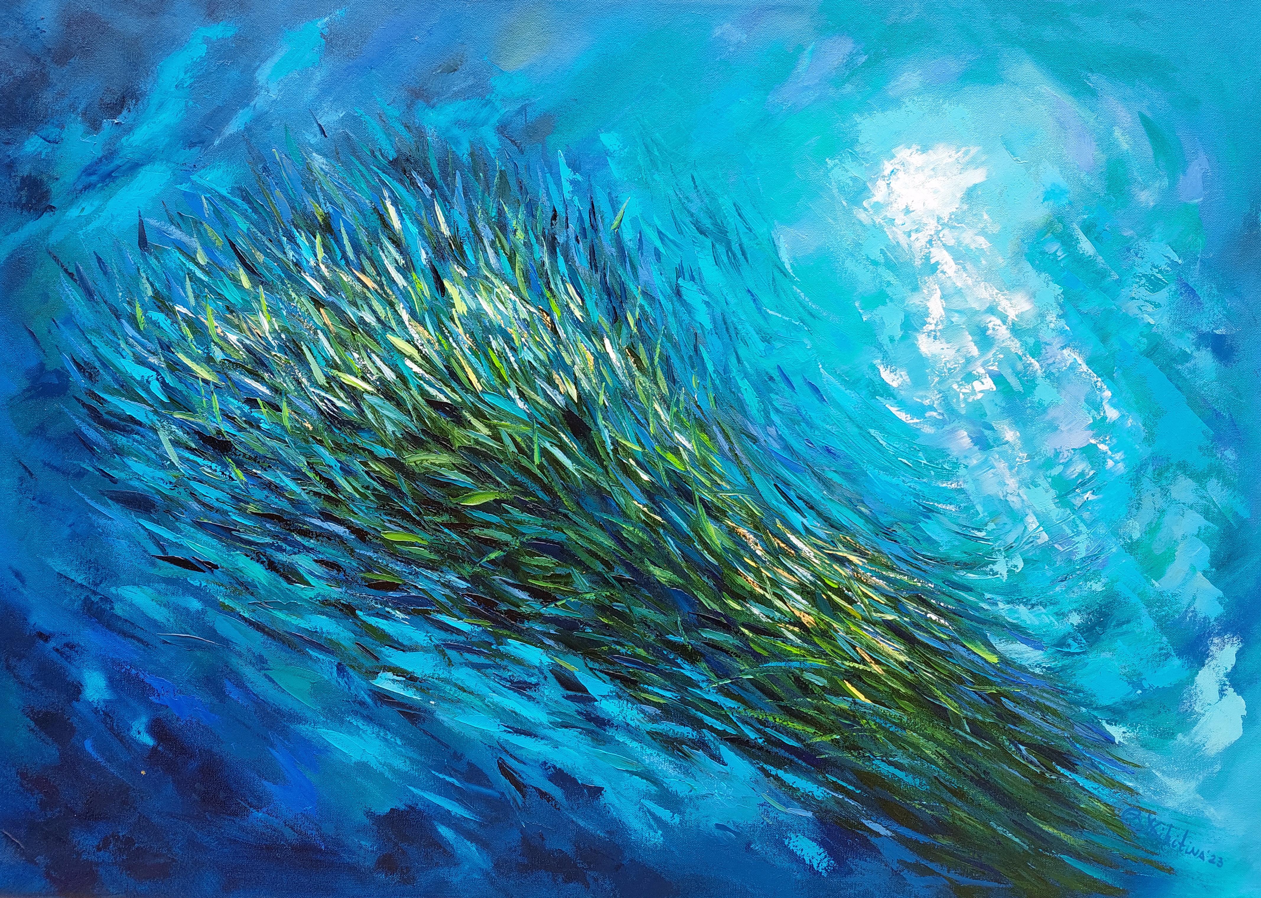 Olga Nikitina Abstract Painting – Schule der Fische Sardinen Stream
