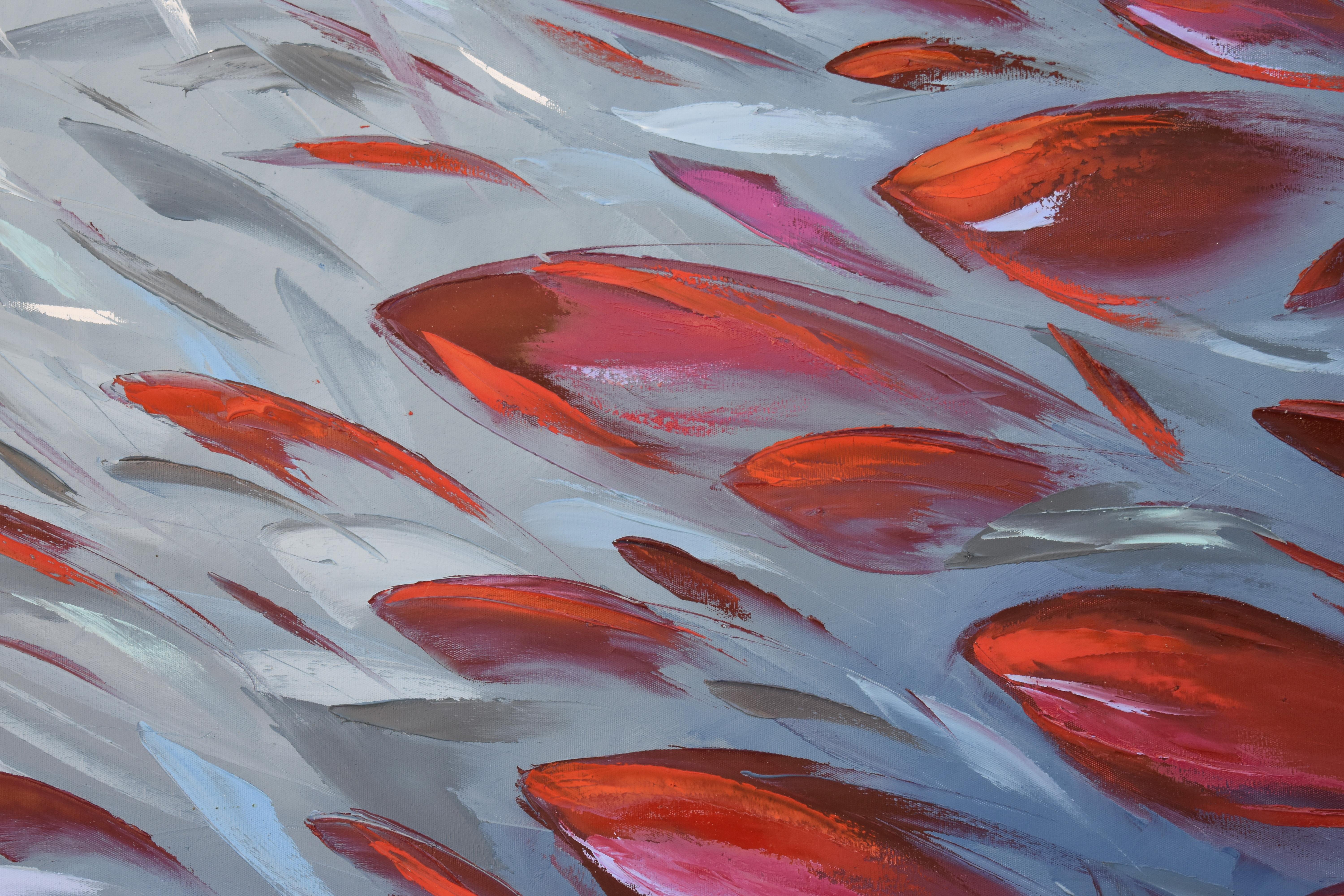 Scuola di pesce rosso Pittura Impasto Tavolozza Coltello Arte - Painting di Olga Nikitina