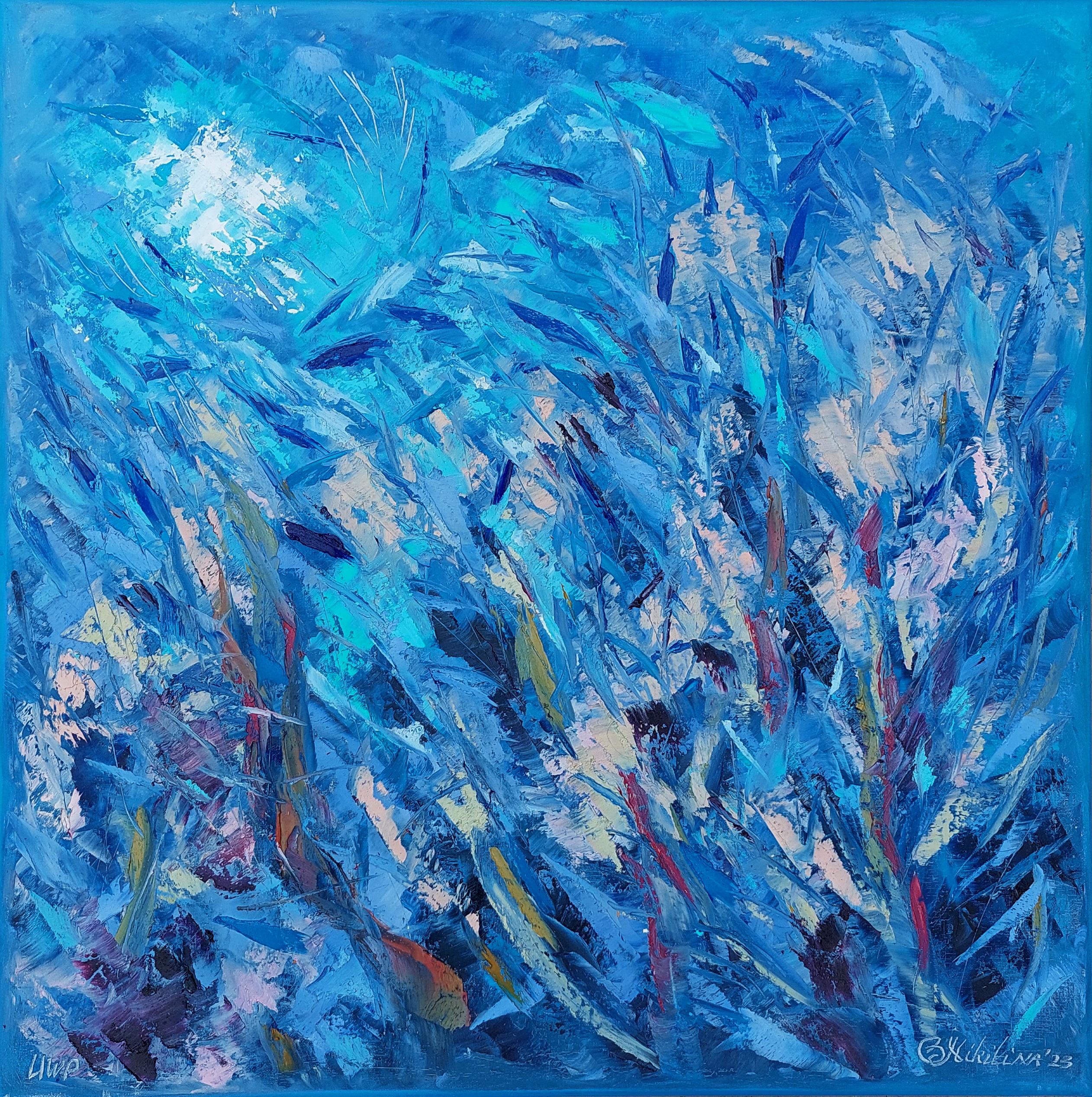 Olga Nikitina Abstract Painting – Weiche Korallen unter Wasser, Gemälde wurde unter Wasser in der Tiefe von  7 m