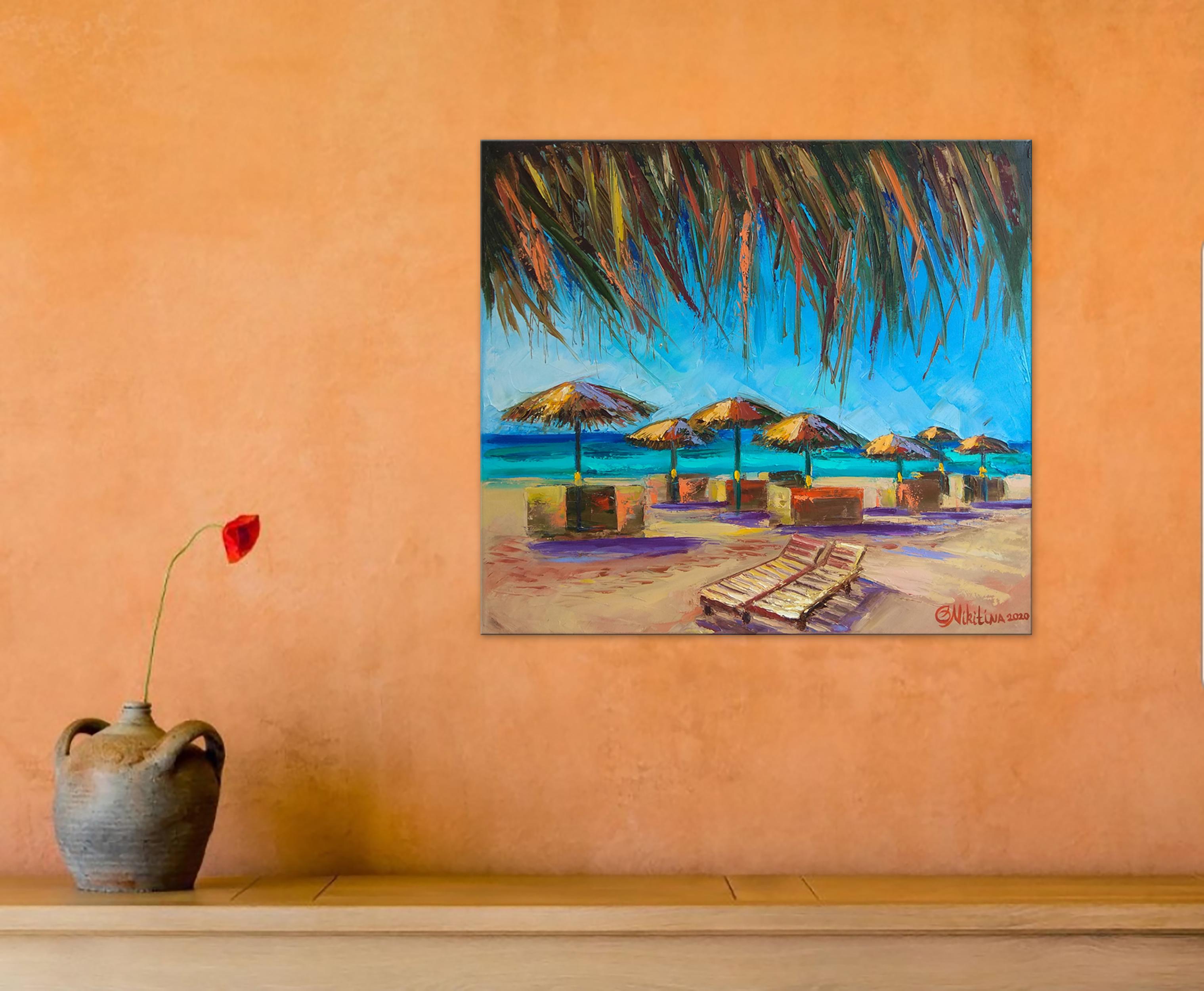 Sunny Day on The Beach (Grau), Landscape Painting, von Olga Nikitina