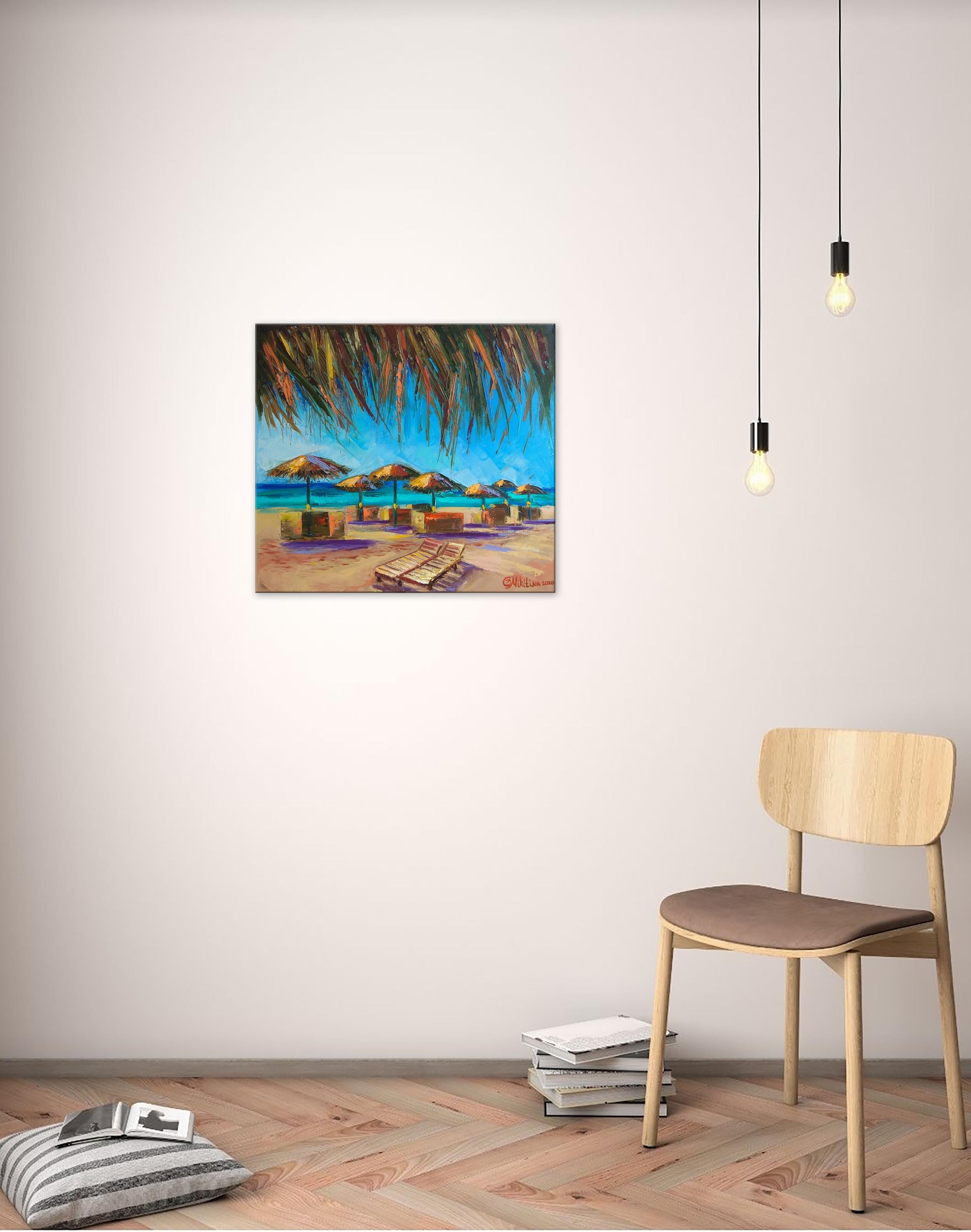 Wir stellen ein atemberaubendes Kunstwerk vor, das die Essenz eines perfekten Strandtages einfängt. Dieses Ölgemälde auf Leinwand zeigt einen ruhigen Strand mit dem Meer im Hintergrund und Sonnenschirmen, die den Sand säumen. Durch die Verwendung
