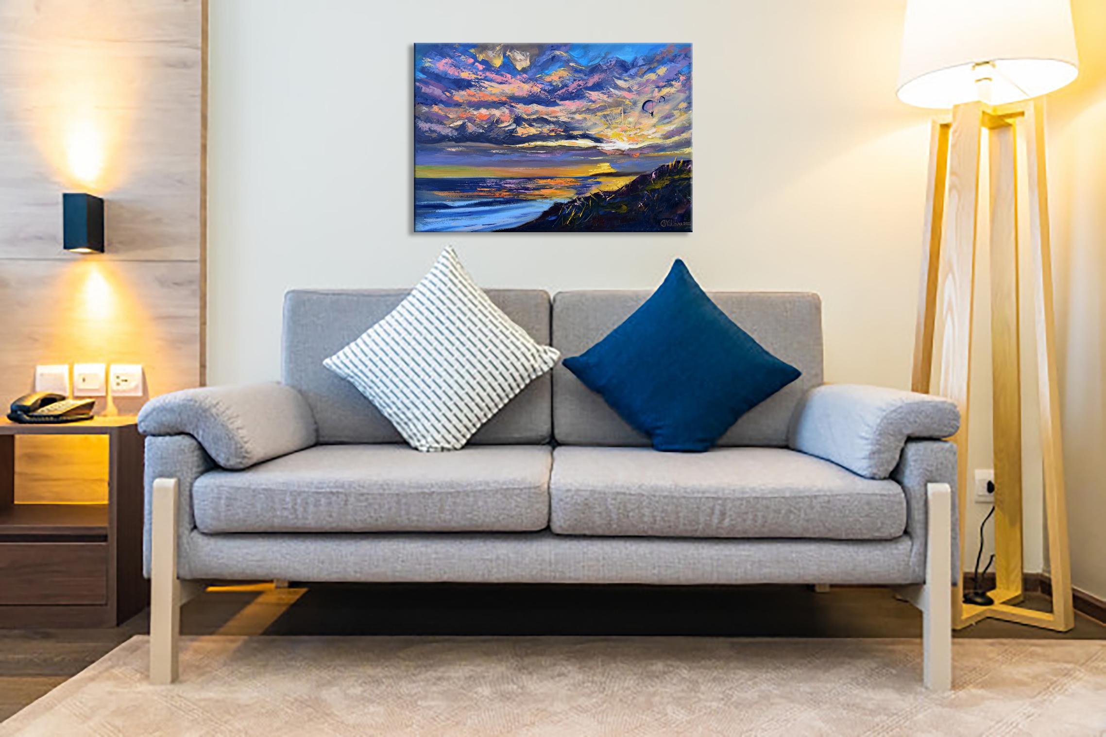 Coucher de soleil Paysage marin Peinture à l'huile Impasto Palette Couteau Art - Impressionnisme Painting par Olga Nikitina