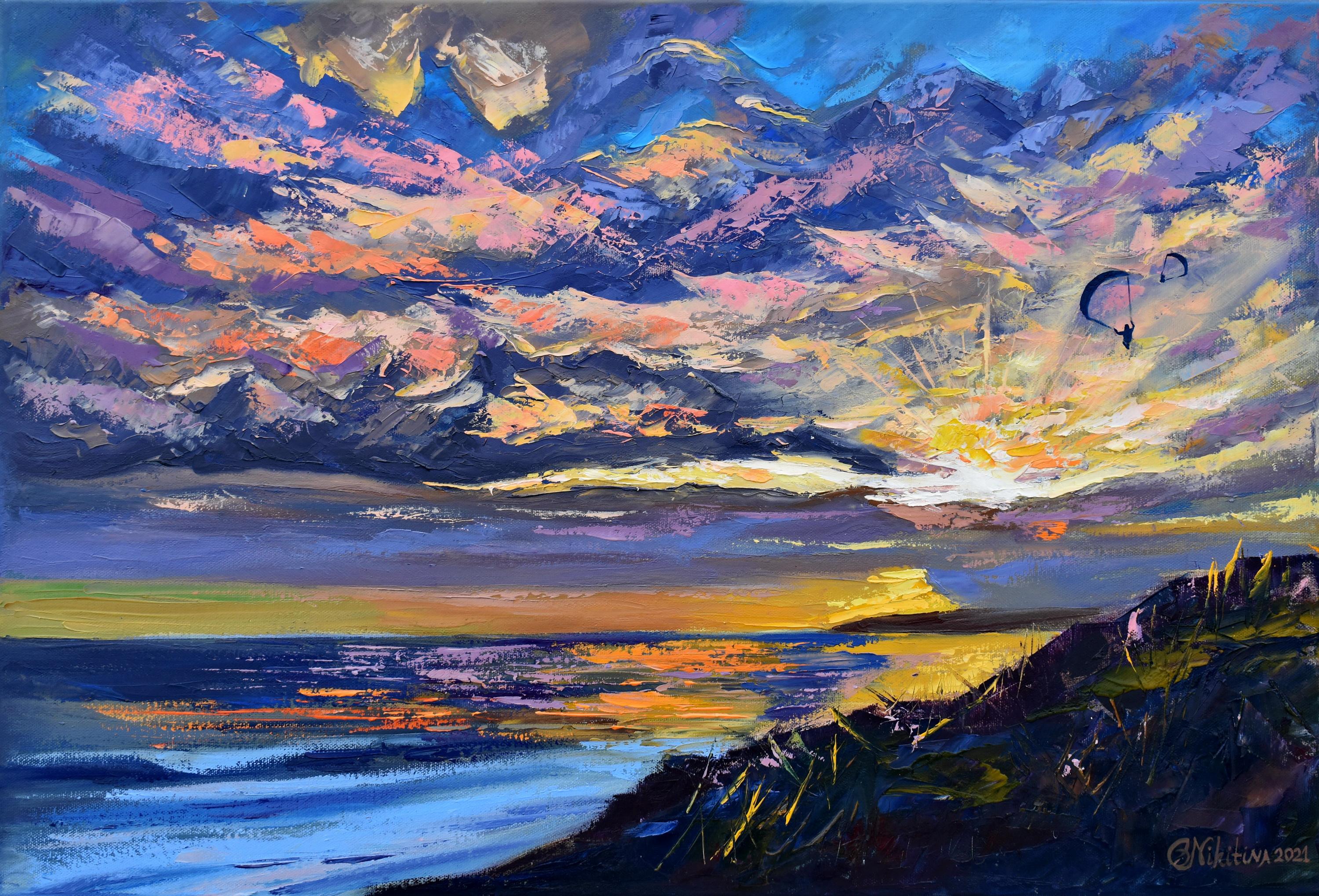 Sunset Seascape Oil Painting Impasto Palette Knife Art
