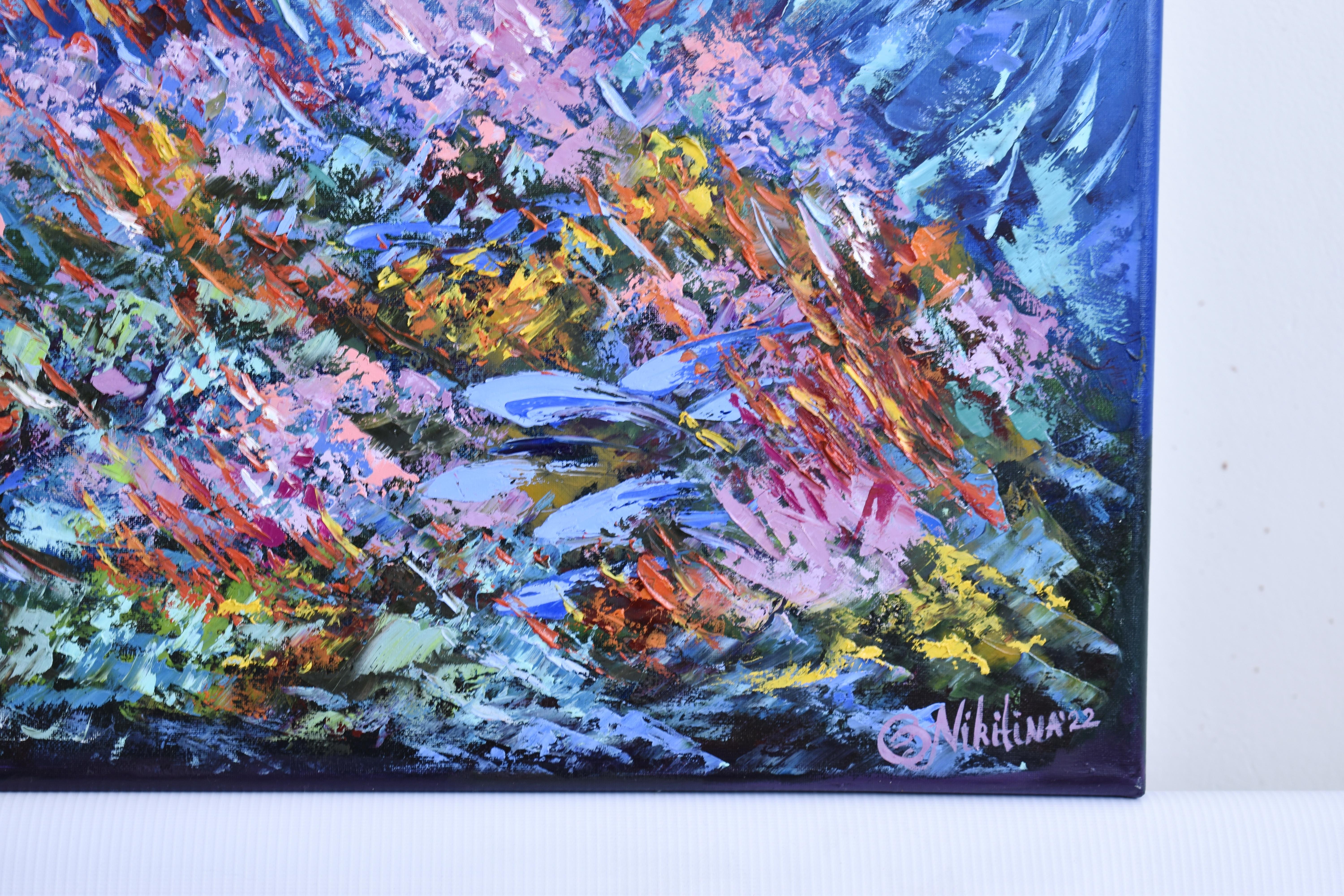 Arte subacquea della barriera corallina con pesci - Painting di Olga Nikitina