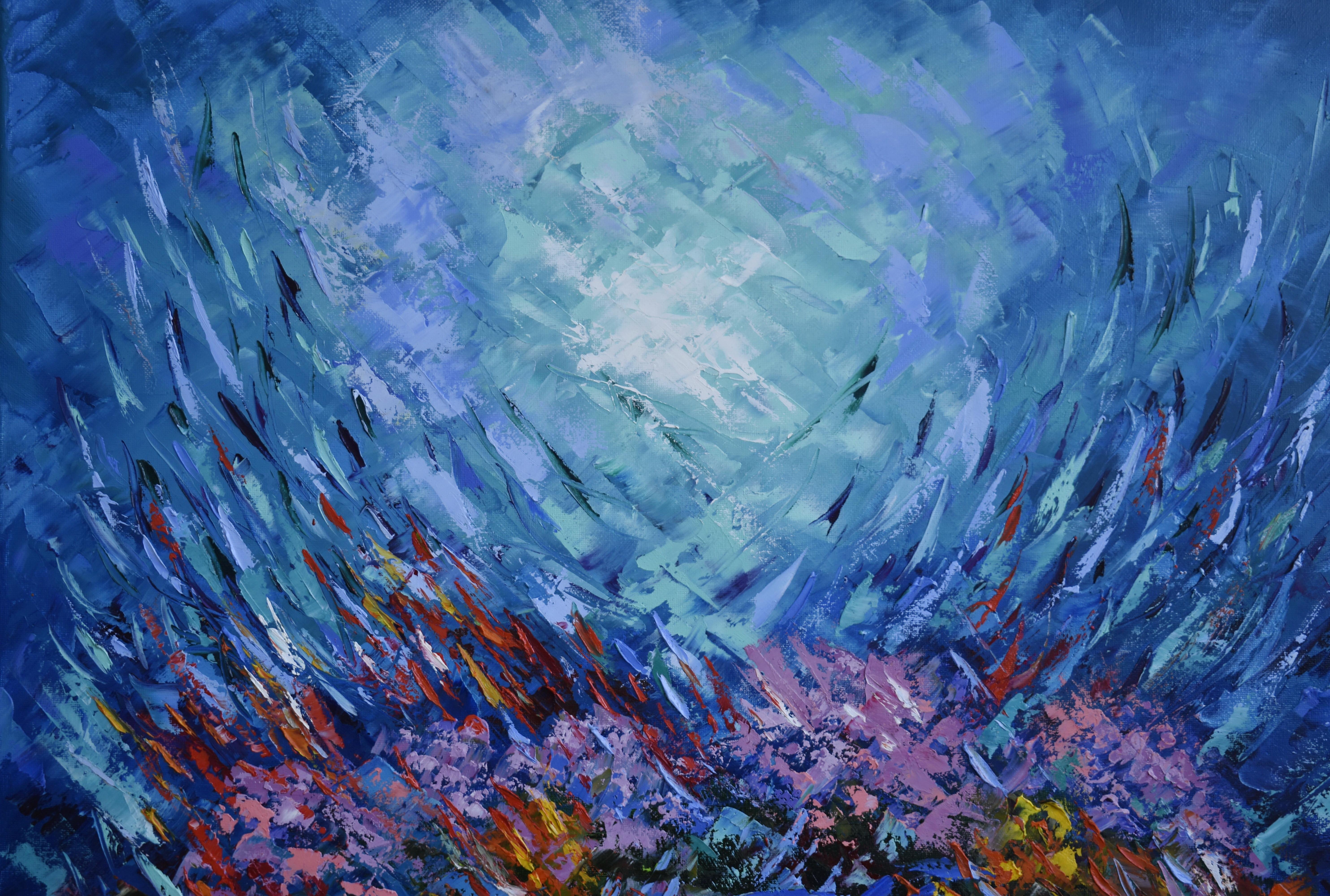 Arte subacquea della barriera corallina con pesci - Painting Impressionismo astratto di Olga Nikitina
