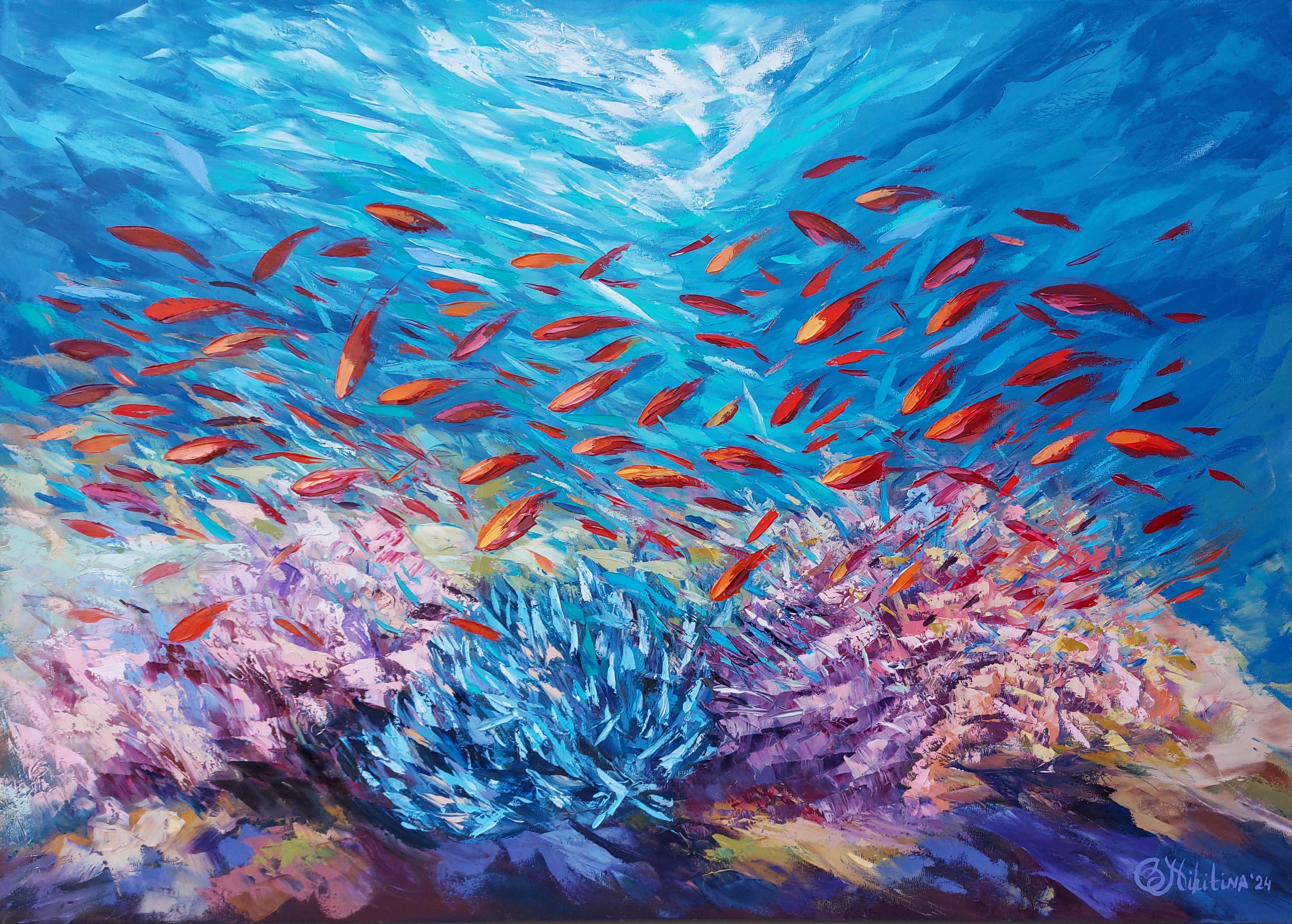 Tropical Coral Reef Painting, Abstract Oil on Canvas, Signed, 2010+