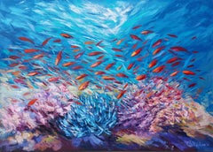 Tropical Coral Reef Painting, Abstract Oil on Canvas, Signed, 2010+