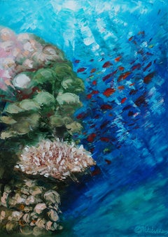 La peinture du récif corallique tropical sous-marine a été réalisée sous l'eau à la profondeur de 8 m