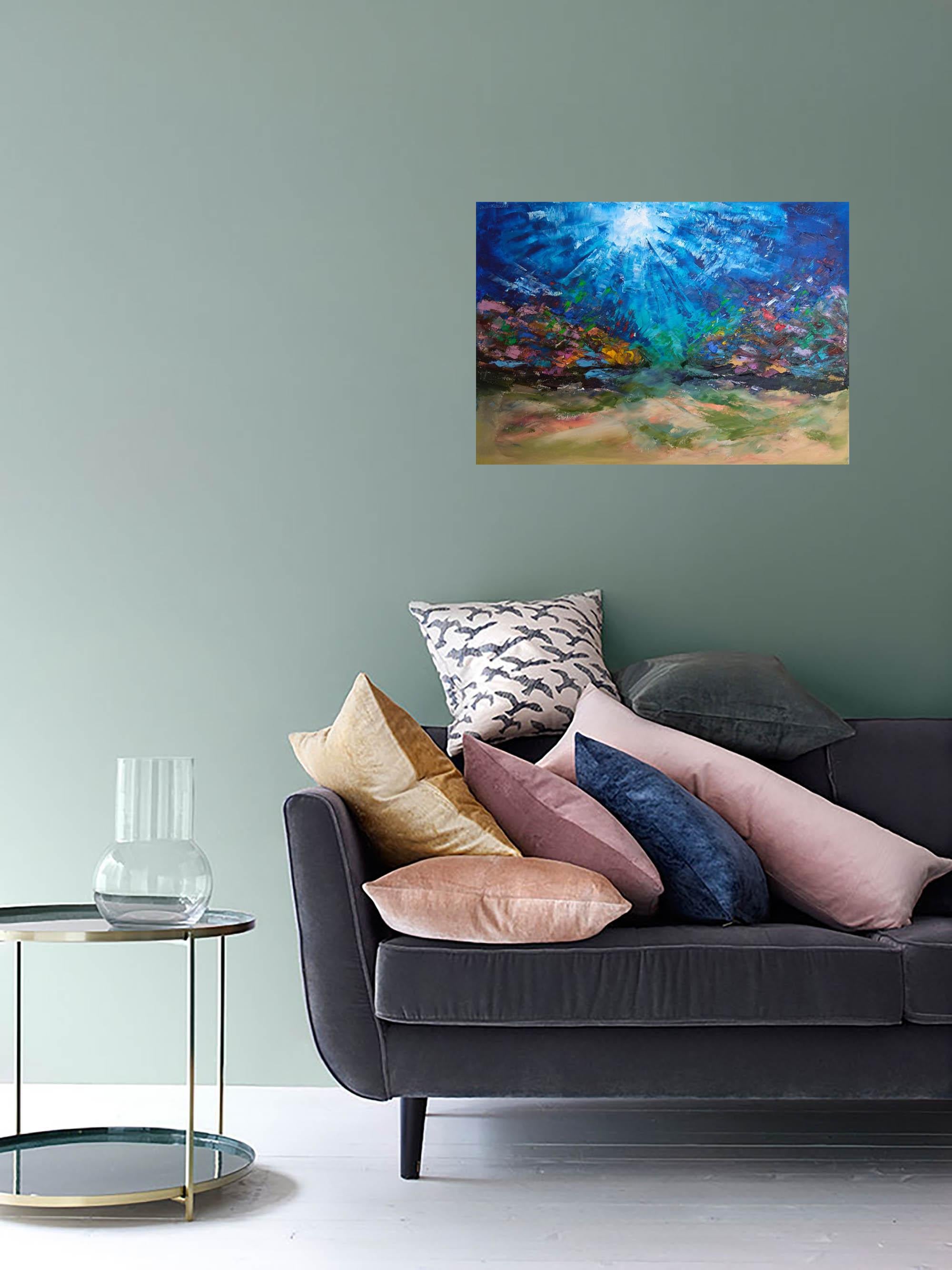 TROPICAL OCEAN Unterwassergemälde entstand unter Wasser in der Tiefe von 7,7 m – Painting von Olga Nikitina
