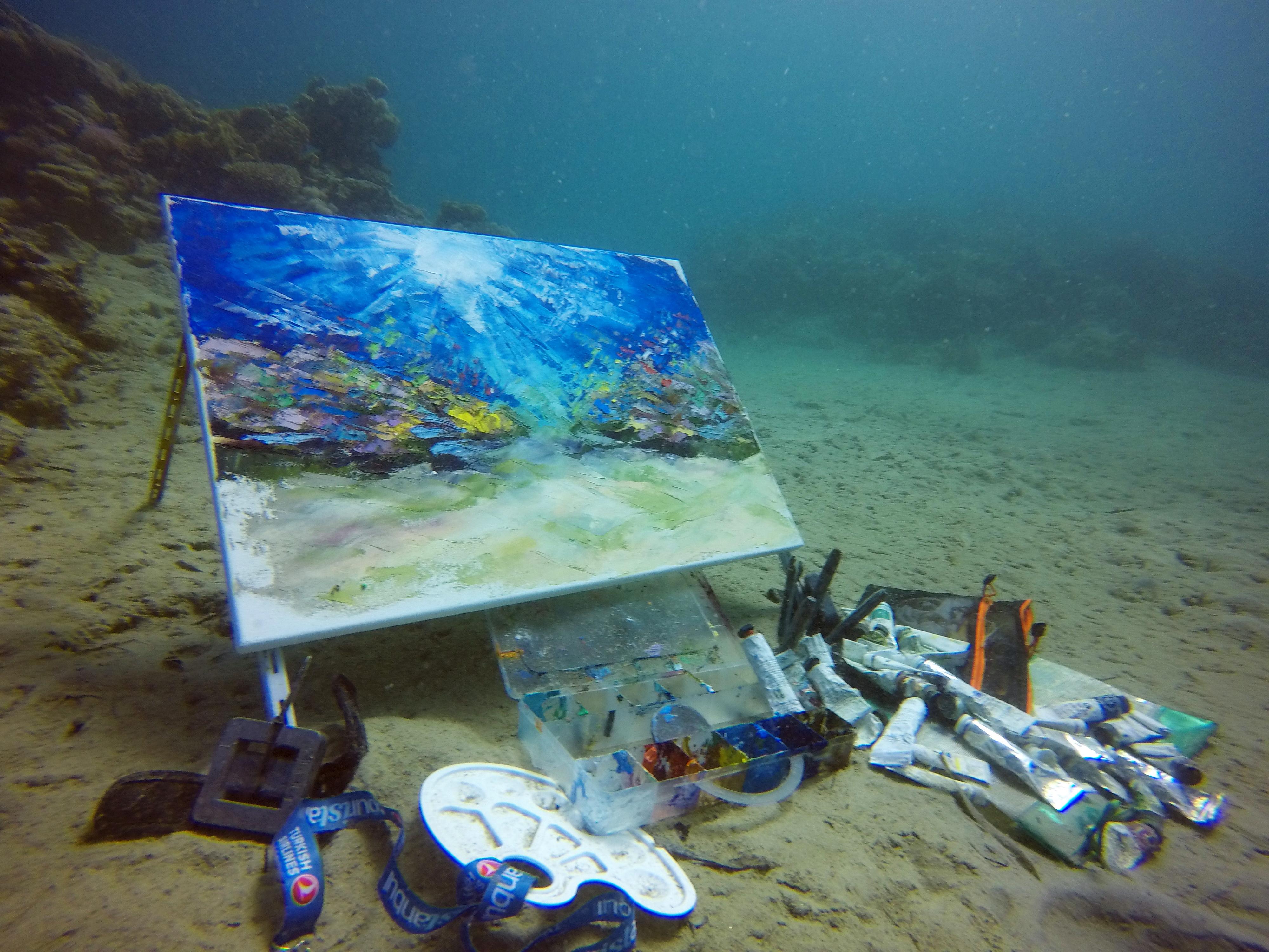 TROPICAL OCEAN Unterwassergemälde entstand unter Wasser in der Tiefe von 7,7 m (Abstrakter Expressionismus), Painting, von Olga Nikitina