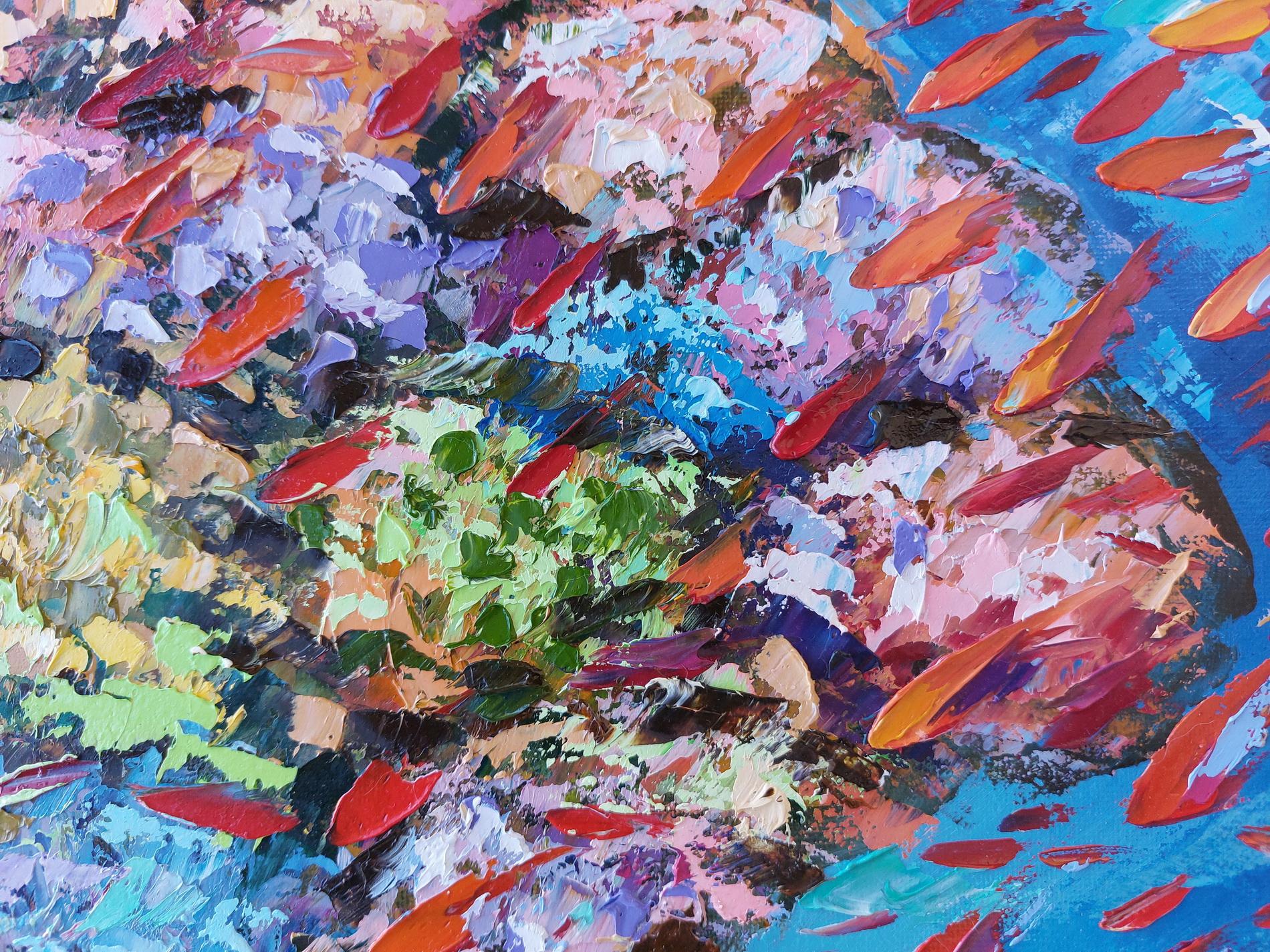 Tropics Painting Coral Reef Fish Original Oil on Canvas Impasto Painting - Blue Abstract Painting by Olga Nikitina