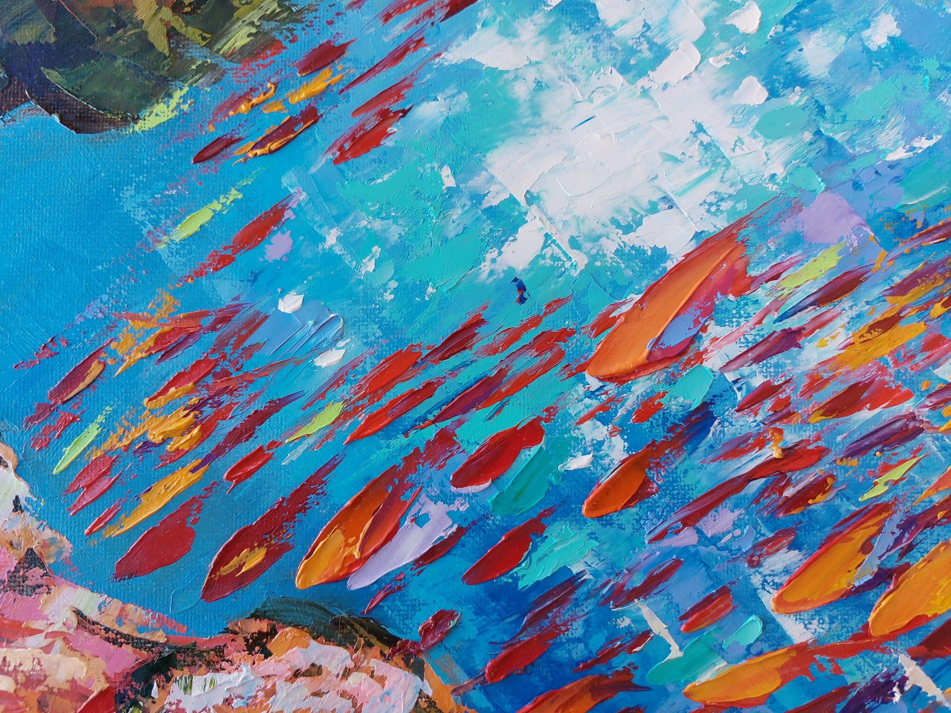 Immersed in the vast embrace of the ocean, I found myself surrounded by shimmering waves of life—countless colorful tropical fish moving in perfect harmony, reflecting the ever-changing light from above. This original oil painting on canvas is a