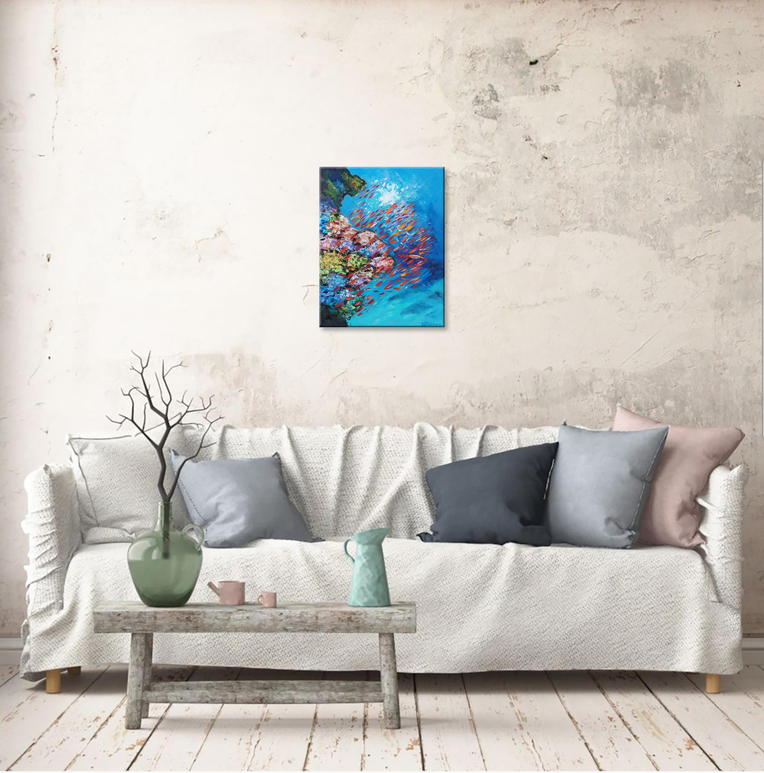 Tropics Painting Coral Reef Fish Original Oil on Canvas Impasto Painting For Sale 4