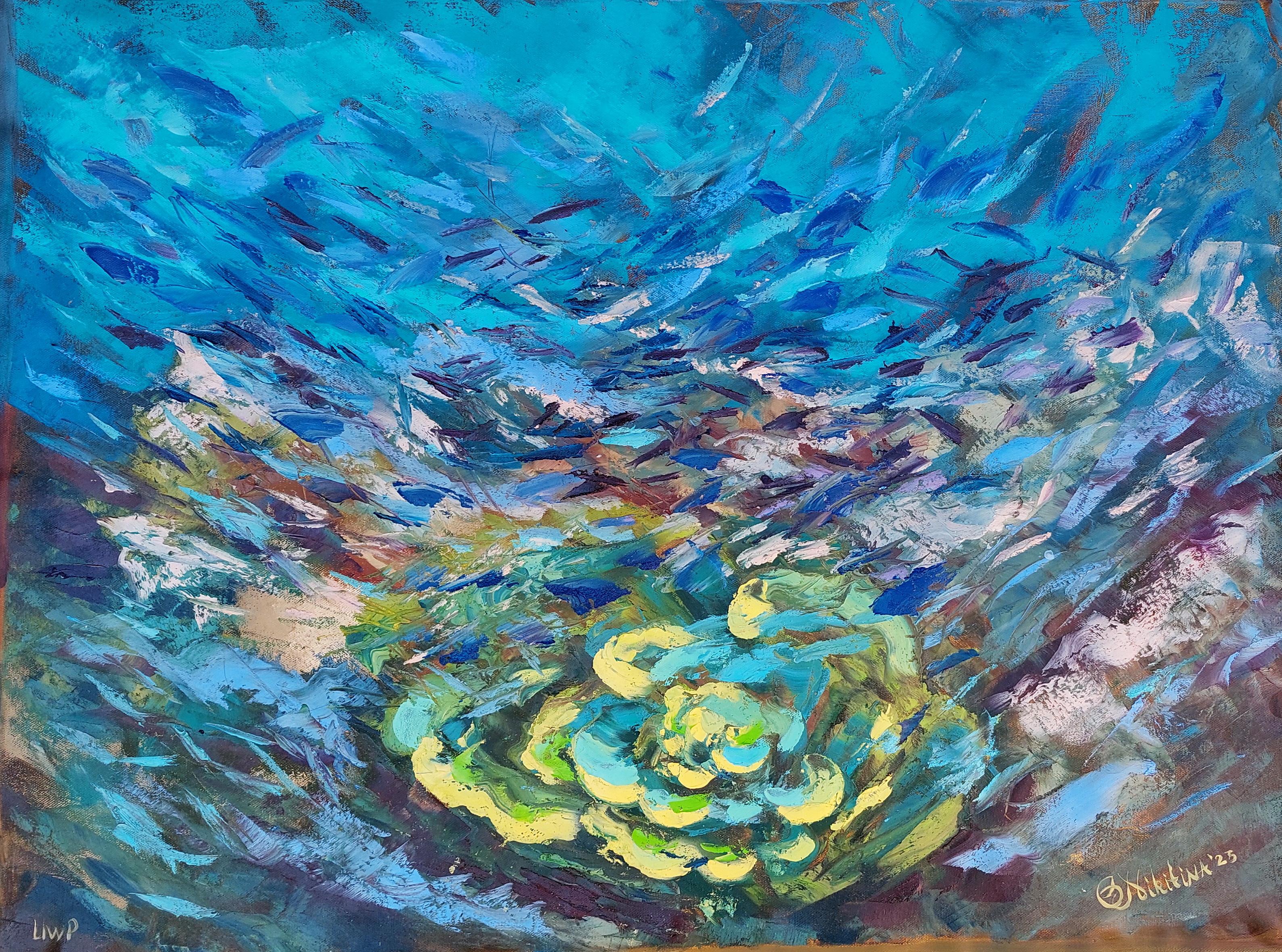 Olga Nikitina Abstract Painting – Unterwassergemälde Korallenriff wurde unter Wasser in der Tiefe von 6 Metern gemalt