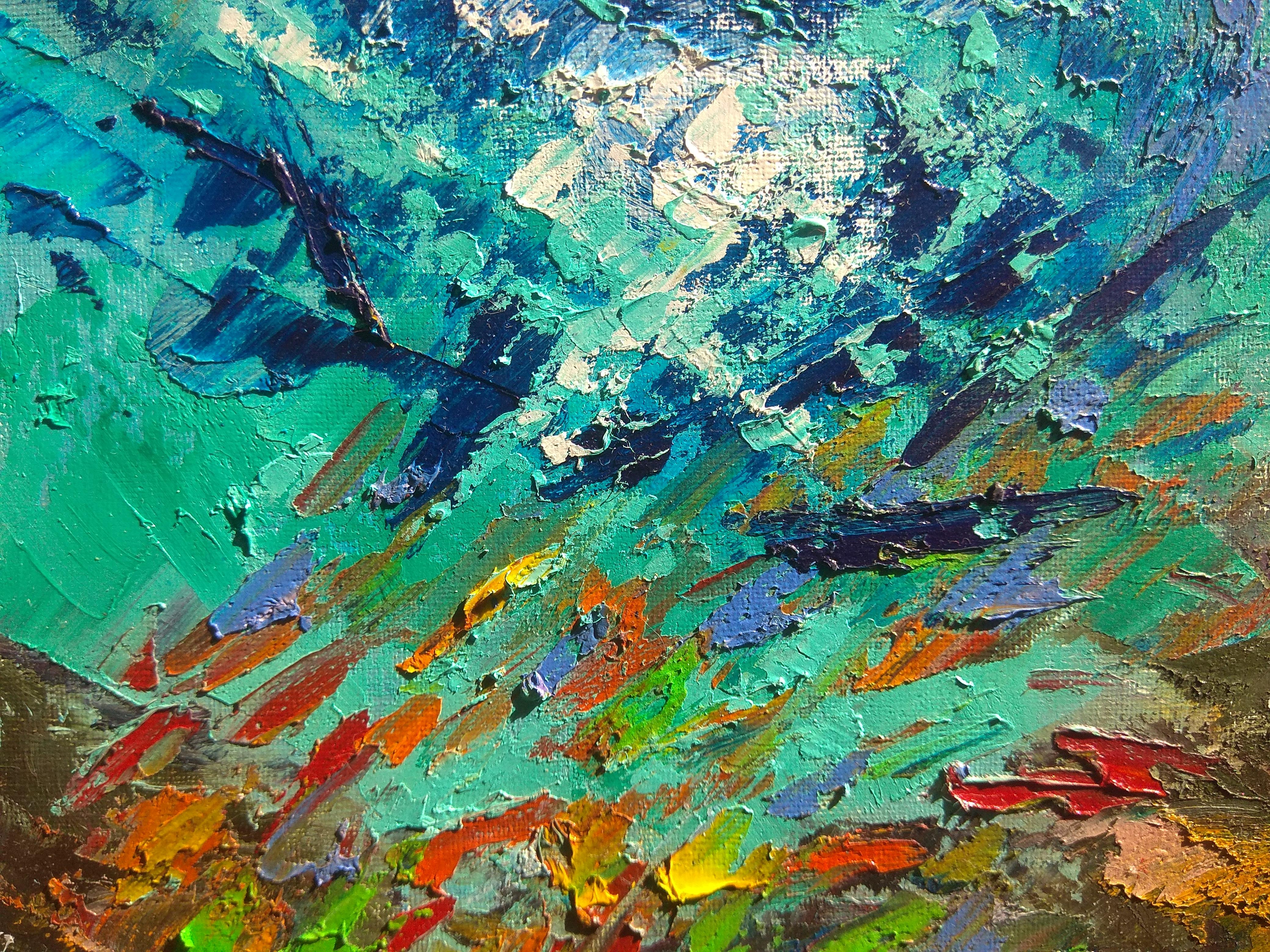 Underwater painting is a new very unique fast growing direction in contemporary art. Artwork was created underwater during scuba diving at the depth of 9,6 meters, session 69 minutes. By influence of underwater environment, feeling of no gravity,