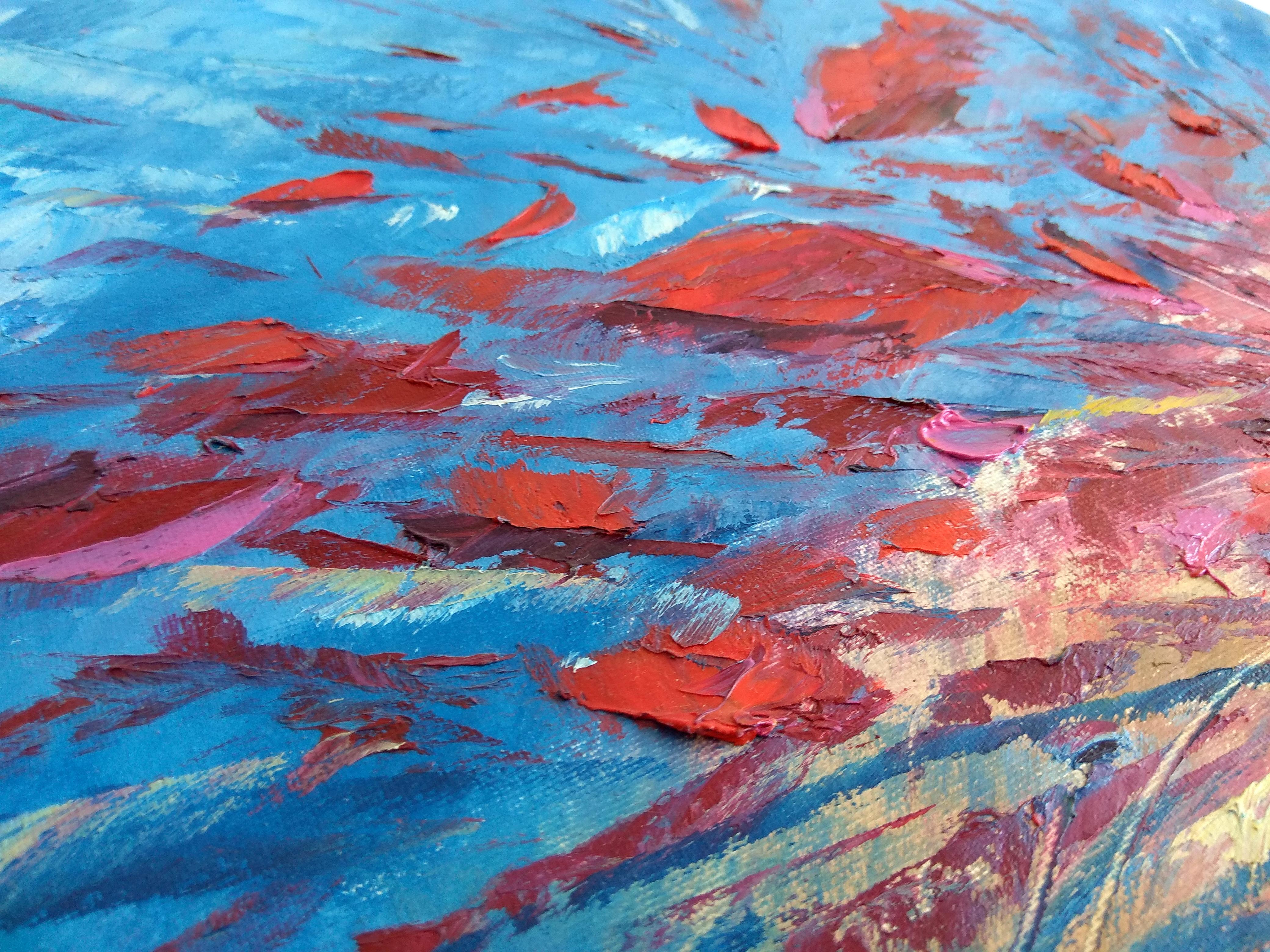 La pintura subacuática es una nueva dirección de rápido crecimiento en el arte contemporáneo. La pintura del pez rojo fue creada bajo el agua, buceando a 5,7 metros de profundidad, en una sesión de 45 minutos. El arte oceánico con textura roja y