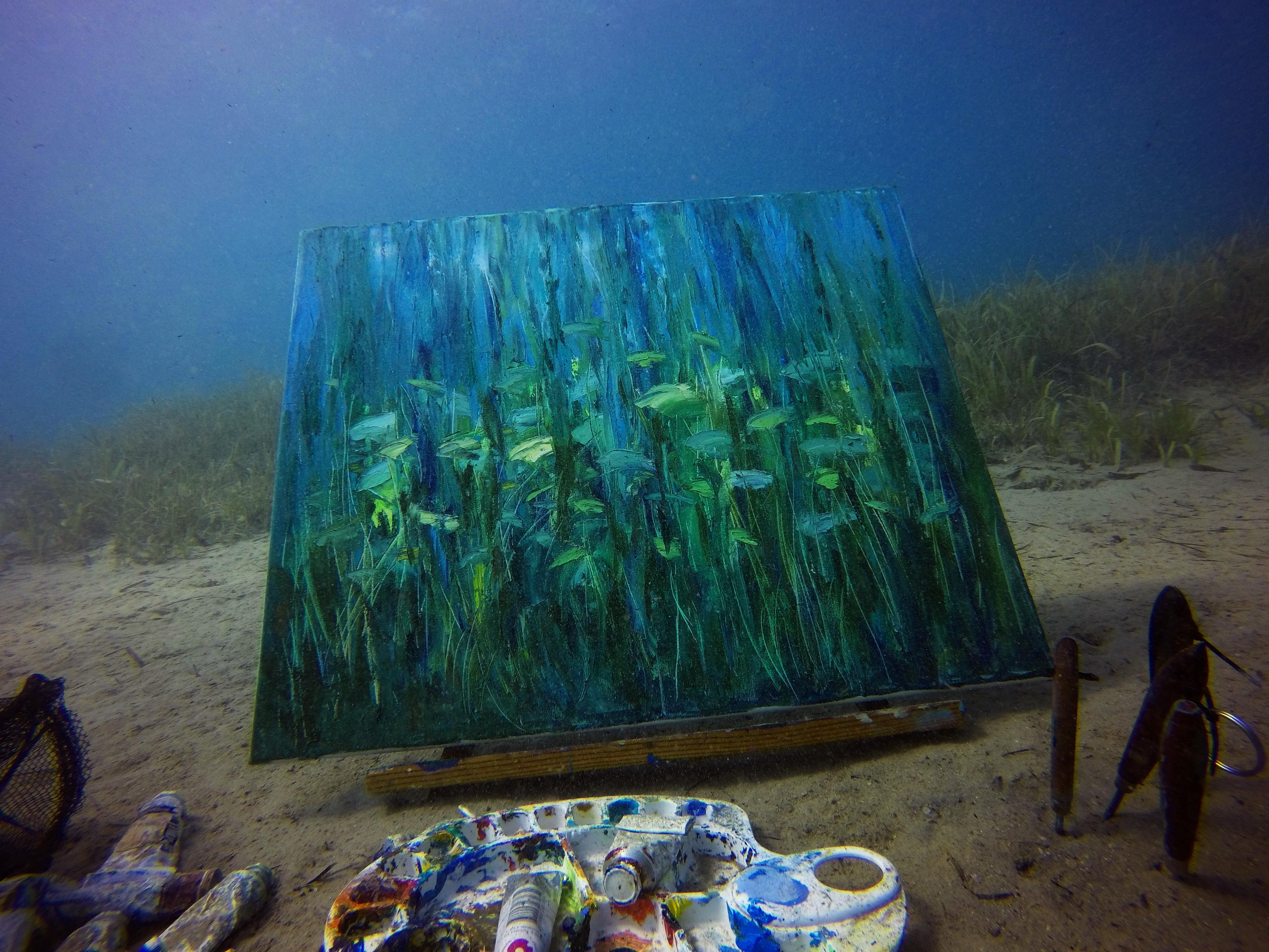UNDERWATER PAINTING MARATHON was made underwater at the depth 6.2 meters - Abstract Painting by Olga Nikitina