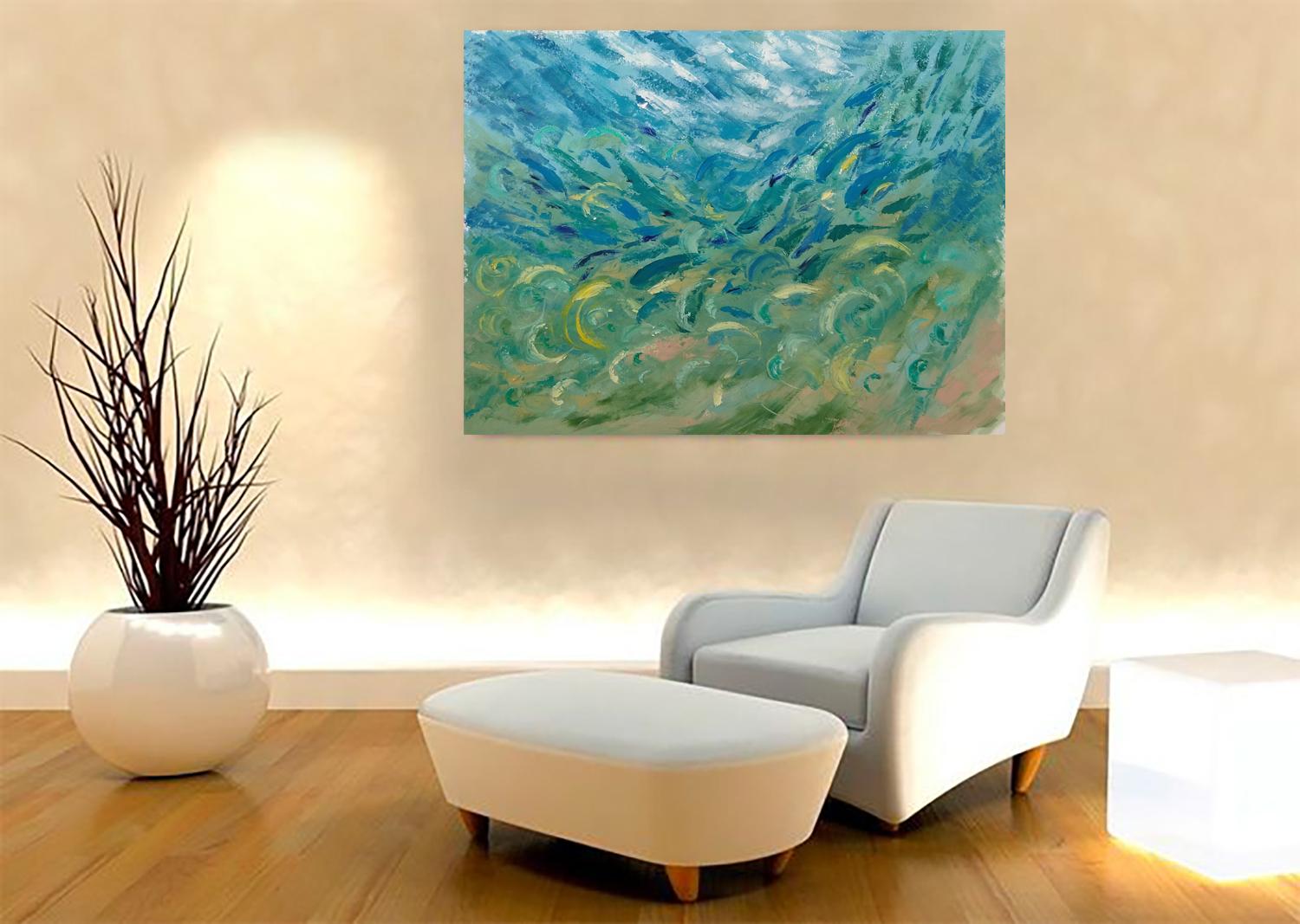 UNTERWASSERMALEREI  AUS DEM NEBEL  wurde unter Wasser in einer Tiefe von 8,4 m erstellt. (Blau), Landscape Painting, von Olga Nikitina