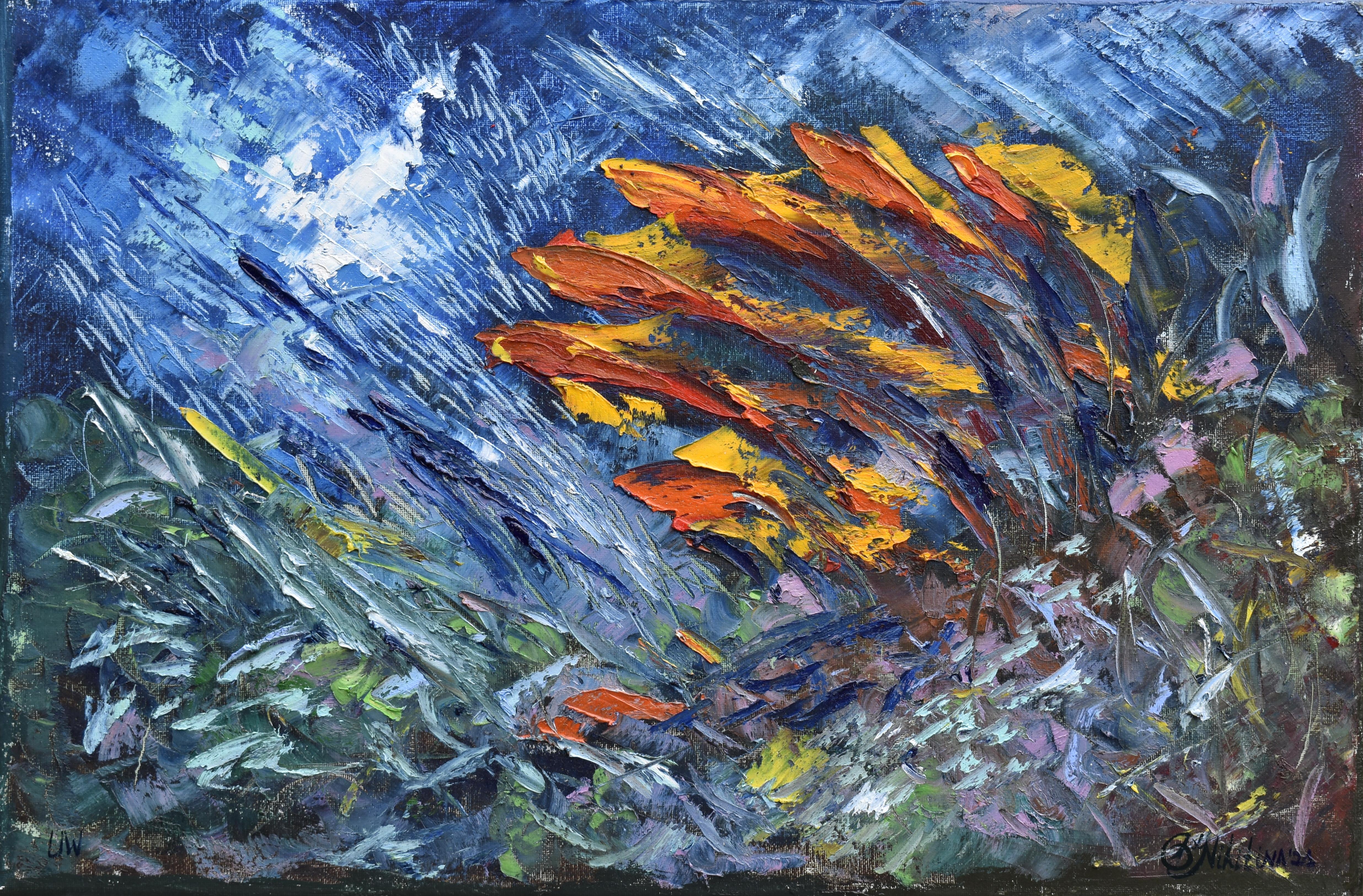 Abstract Painting Olga Nikitina - L'expression rouge « UNDERWATER PAINTING » a été réalisée sous l'eau