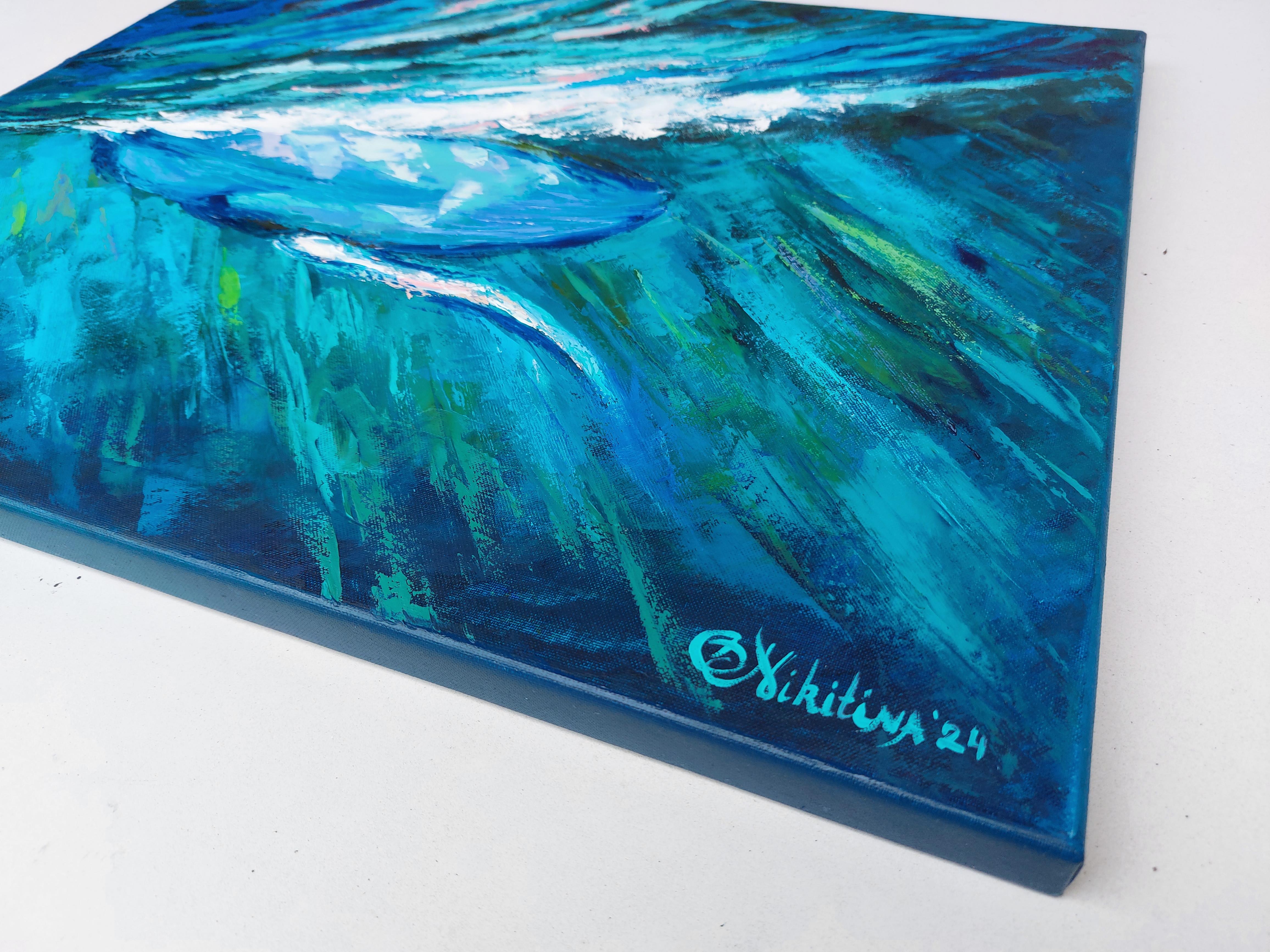 Pintura Ballena Océano Bajo el Agua Pintura al Óleo Original - Painting de Olga Nikitina