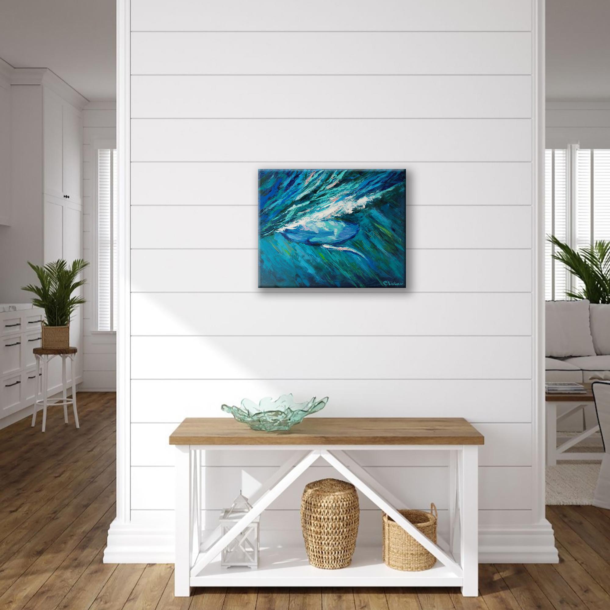 Pintura Ballena Océano Bajo el Agua Pintura al Óleo Original en venta 2