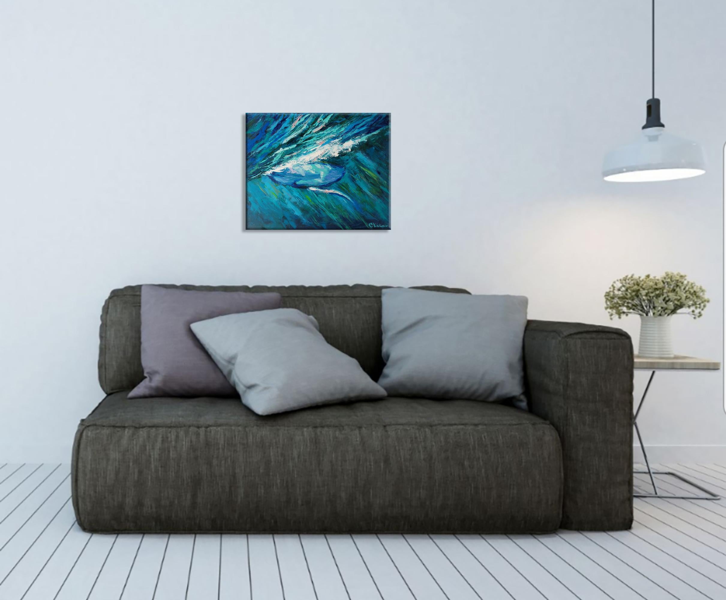 Pintura Ballena Océano Bajo el Agua Pintura al Óleo Original en venta 3