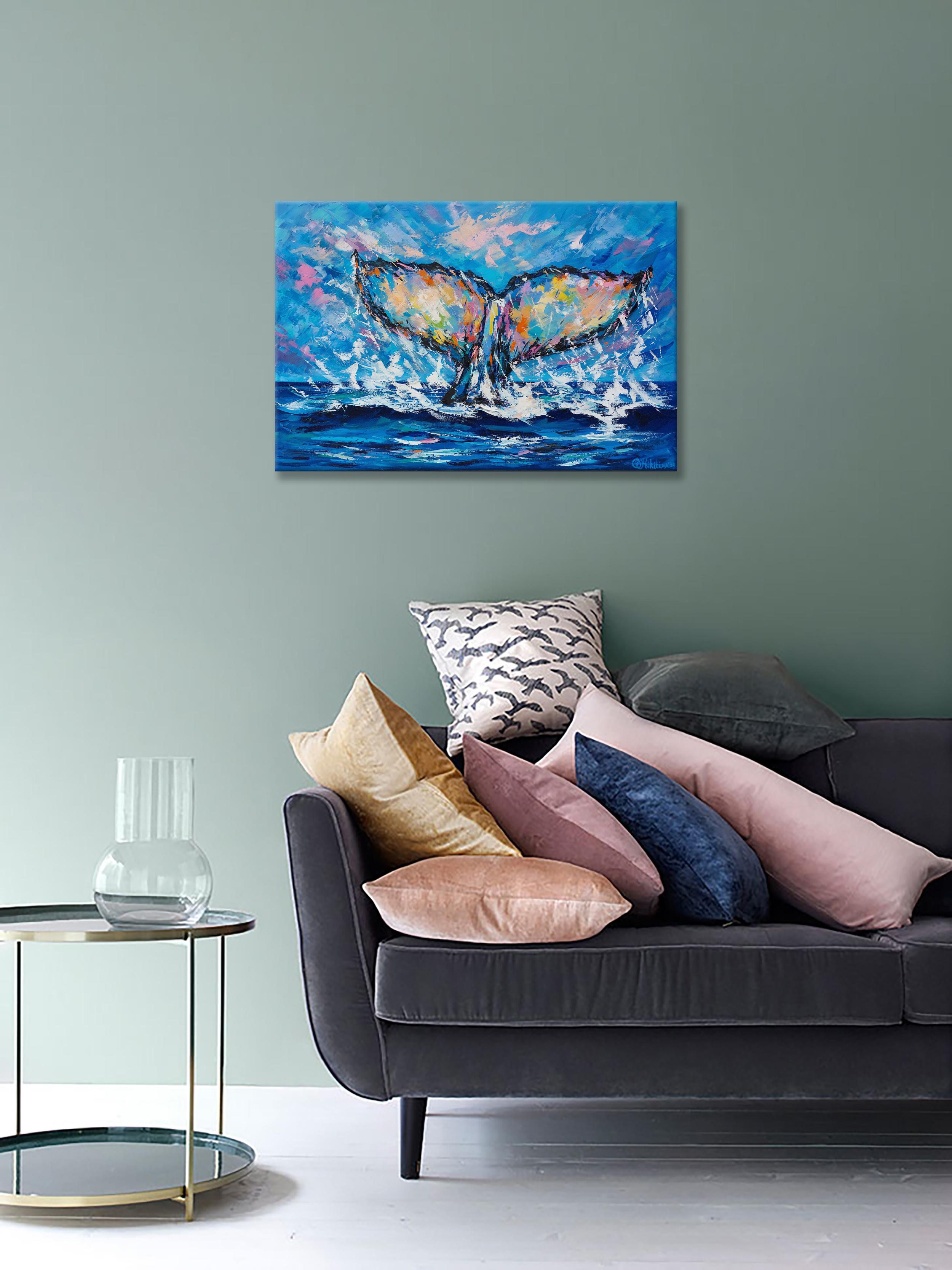 Whale Tail Oil Painting Impasto Original Art Ocean Impressianist - Blue Interior Painting by Olga Nikitina