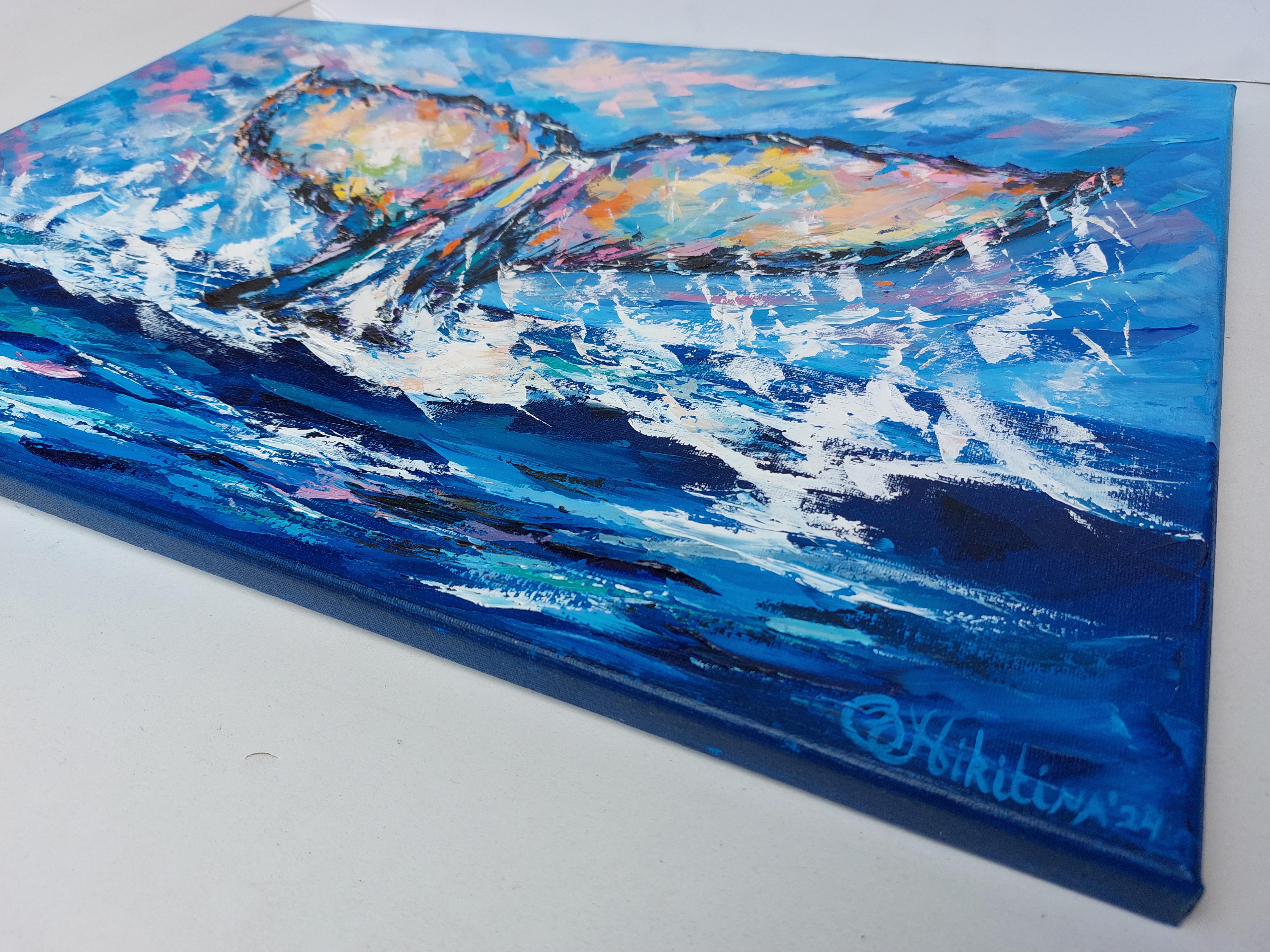 This stunning oil painting on stretched canvas captures the majesty and power of a whale diving into the ocean, its tail splashing waves as it disappears beneath the water. Created using a palette knife, the artist has applied bold, textured strokes