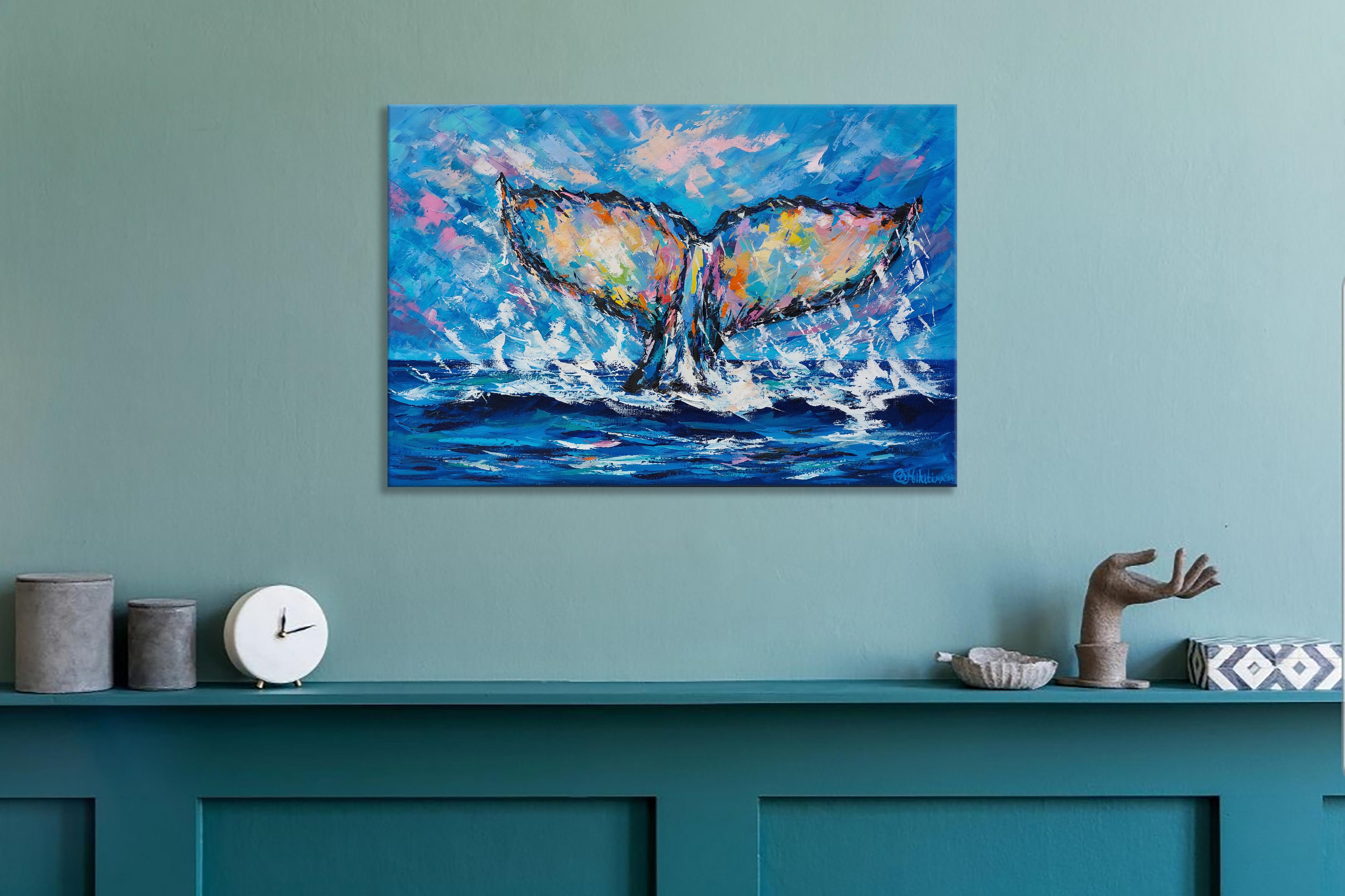 Whale Tail Oil Painting Impasto Original Art Ocean Impressianist For Sale 1