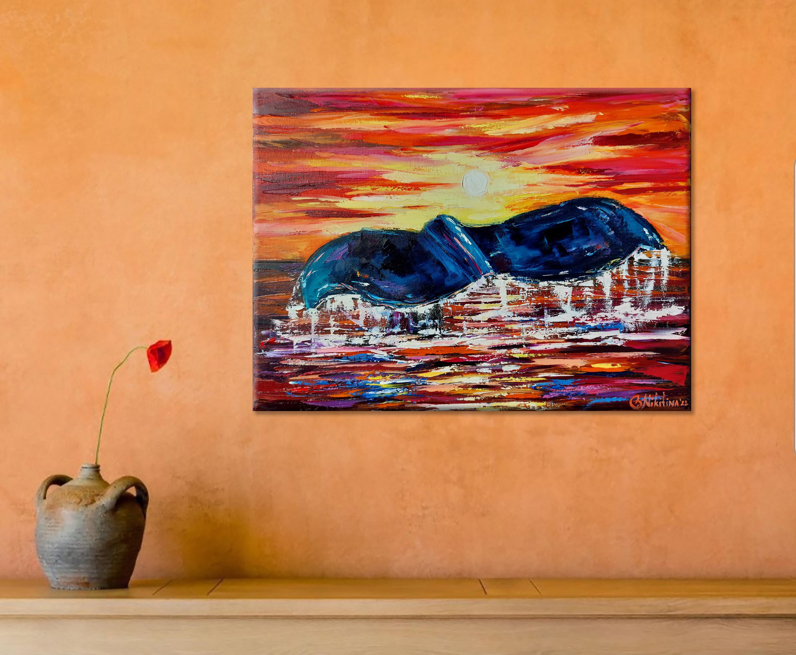 Coda di balena al tramonto - Animal Painting Arancia di Olga Nikitina