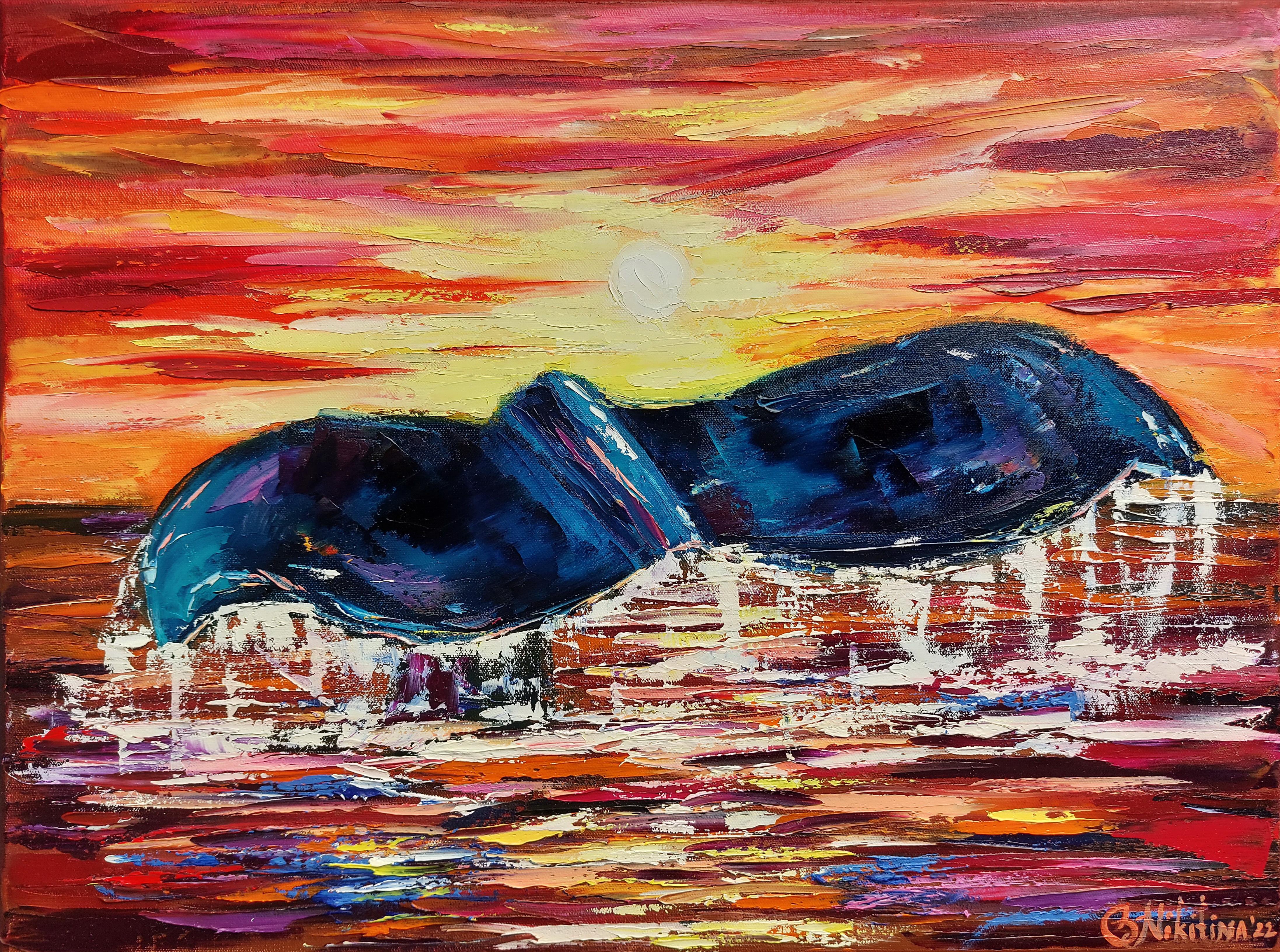 Olga Nikitina Animal Painting - Whale Tail in Sunset