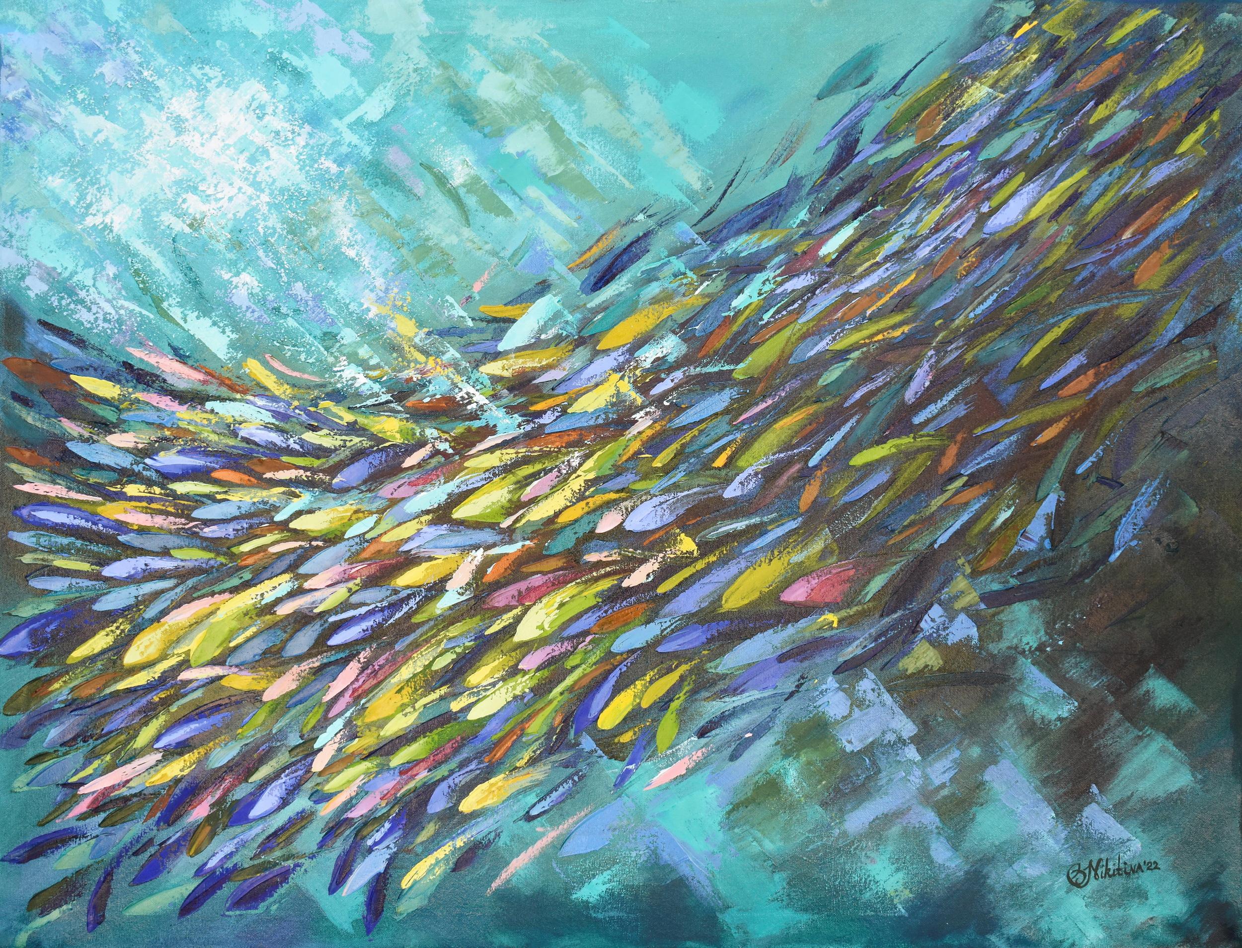 Olga Nikitina Abstract Painting - Abstract Fish Painting Seascape Ocean Art