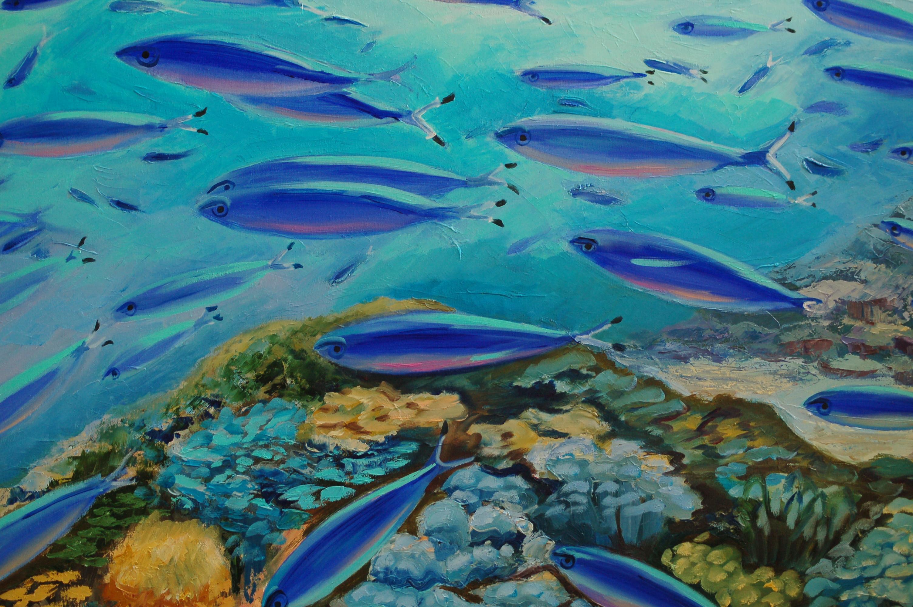 Blue Fish in Tropical Coral Reef Giclèe Pring with hand touch by Olga Nikitina 2