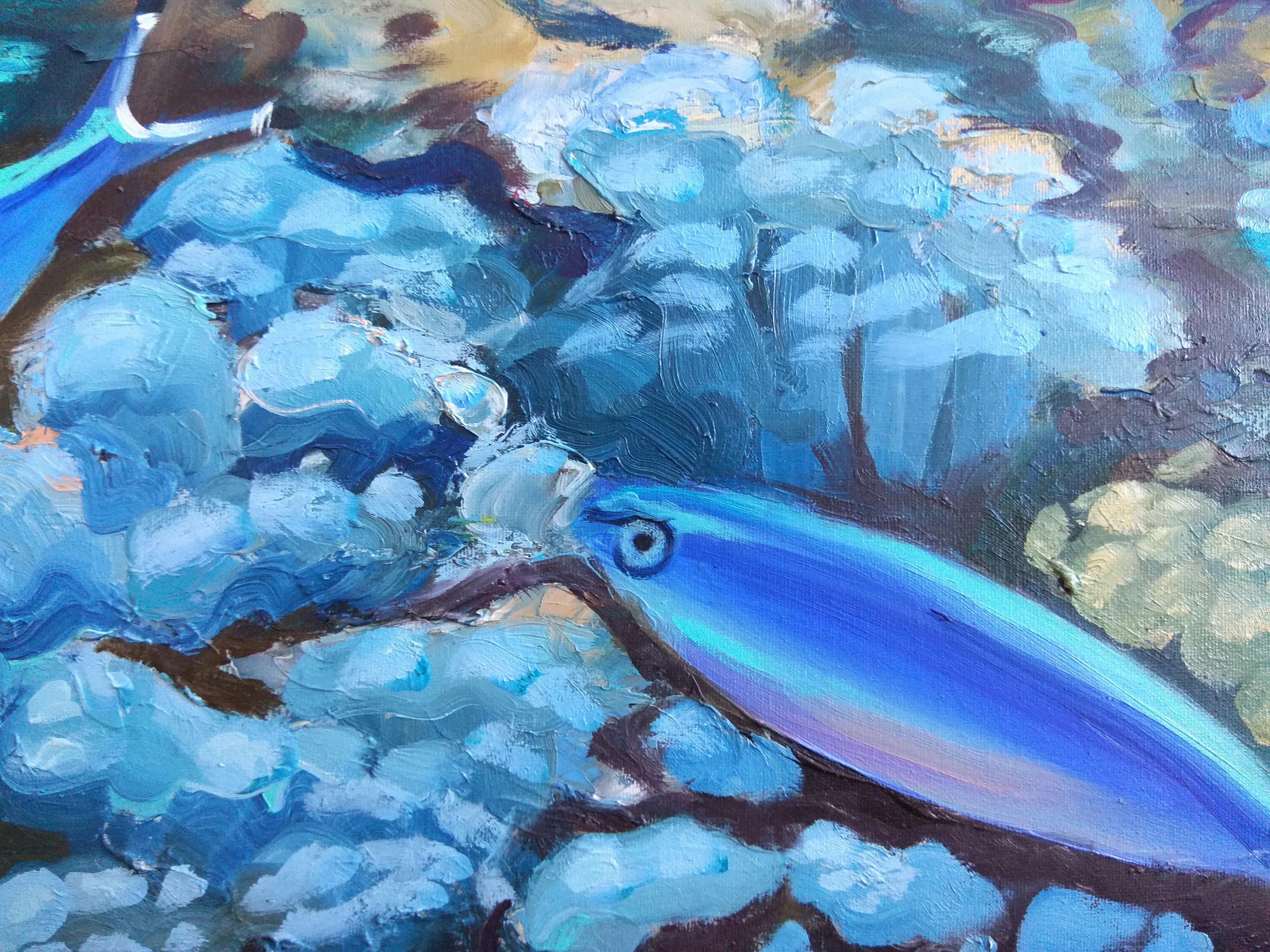 Blue Fish in Tropical Coral Reef Giclèe Pring with hand touch by Olga Nikitina 4