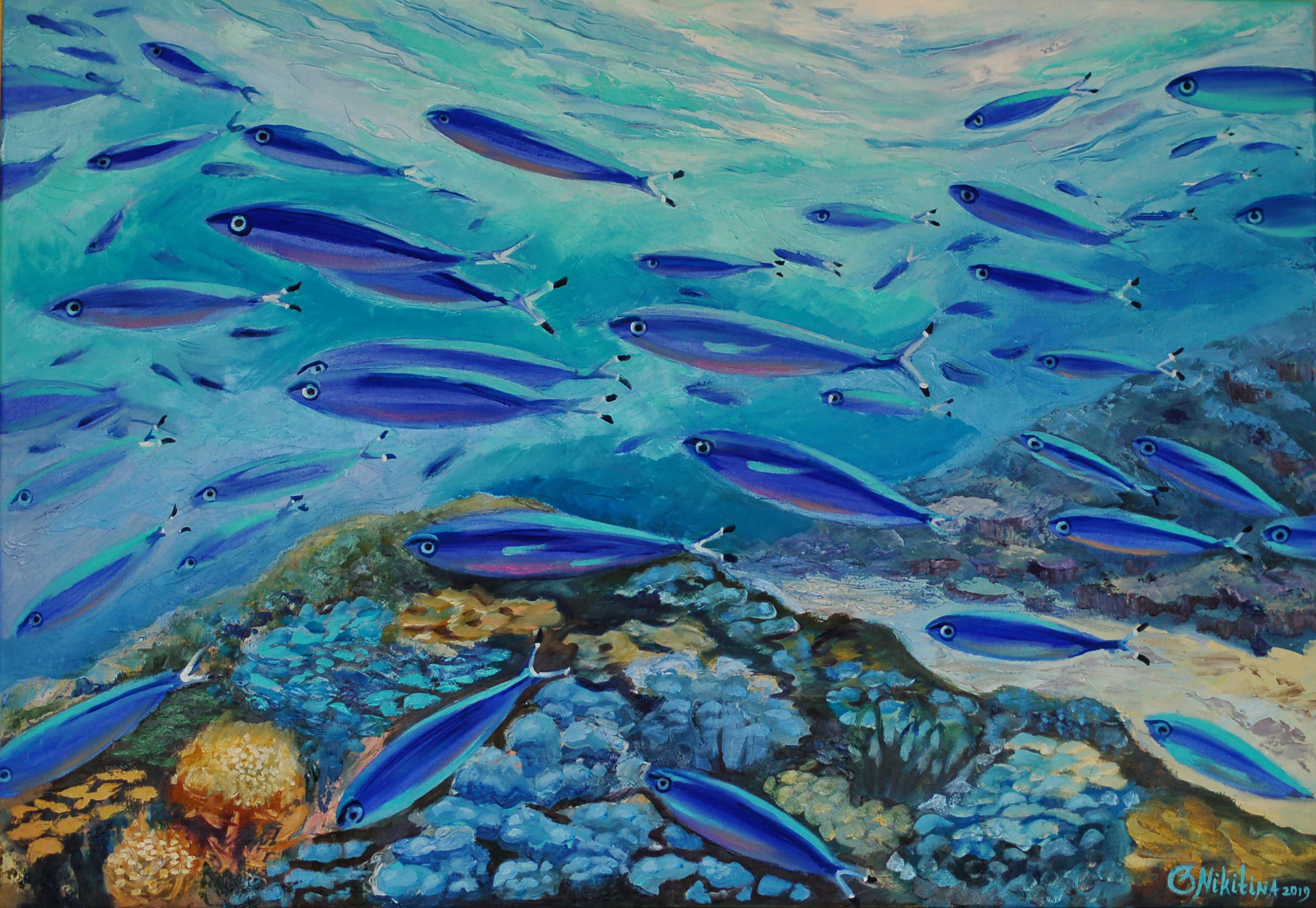 Blue Fish in Tropical Coral Reef Giclèe Pring with hand touch by Olga Nikitina