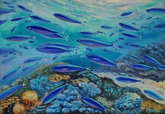 Blauer Fisch im tropischen Korallenriff Giclèe Pring mit Handarbeit von Olga Nikitina