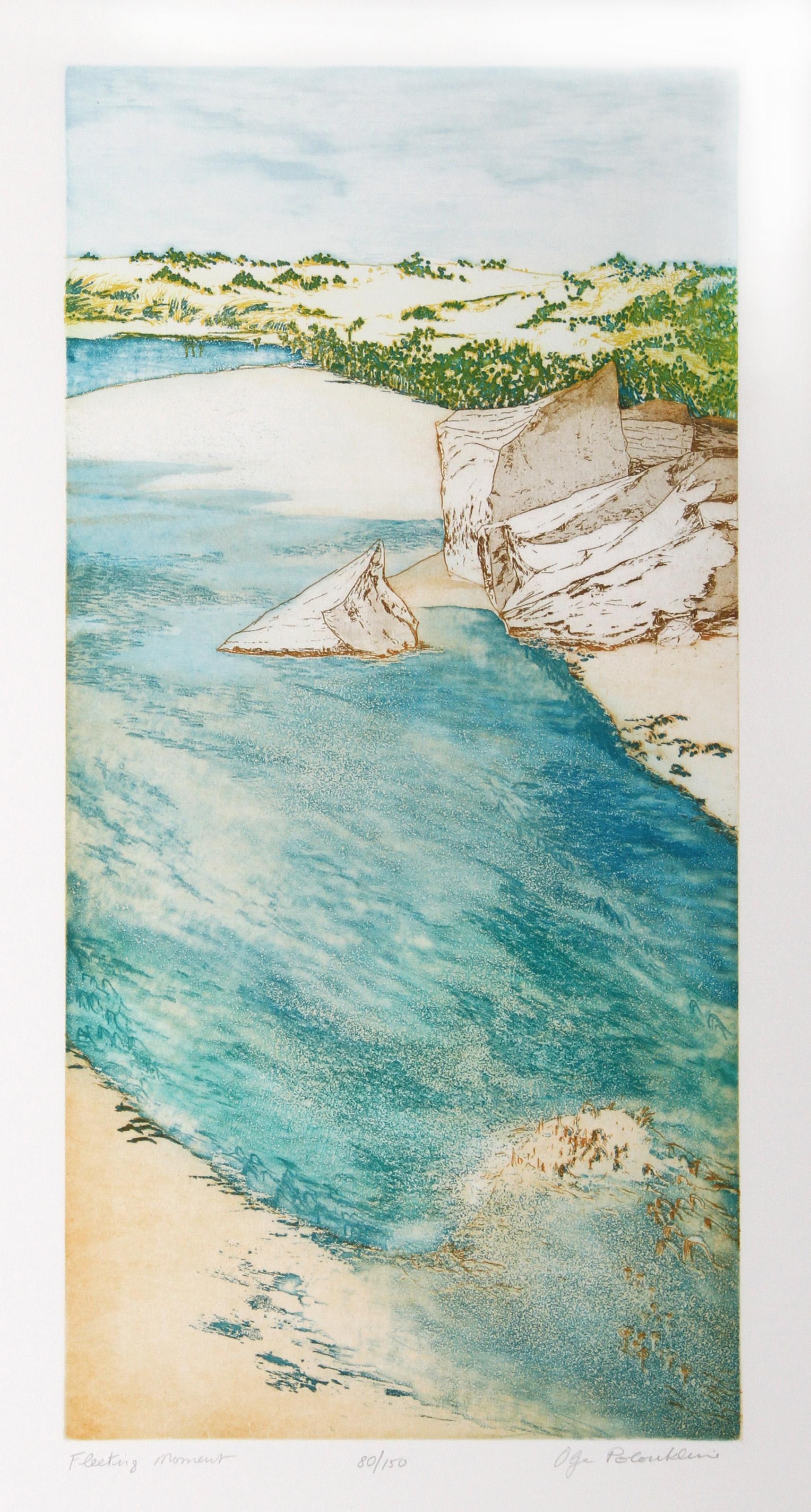 Olga Poloukhine, French/American - Fleeting Moment, Year:  circa 1985, Medium:  Aquatint Etching, Signed and Numbered in Pencil, Edition:  150, Size:  30  x 17.5 in. (76.2  x 44.45 cm), Description:  In this landscape print by Olga Poloukhine, the