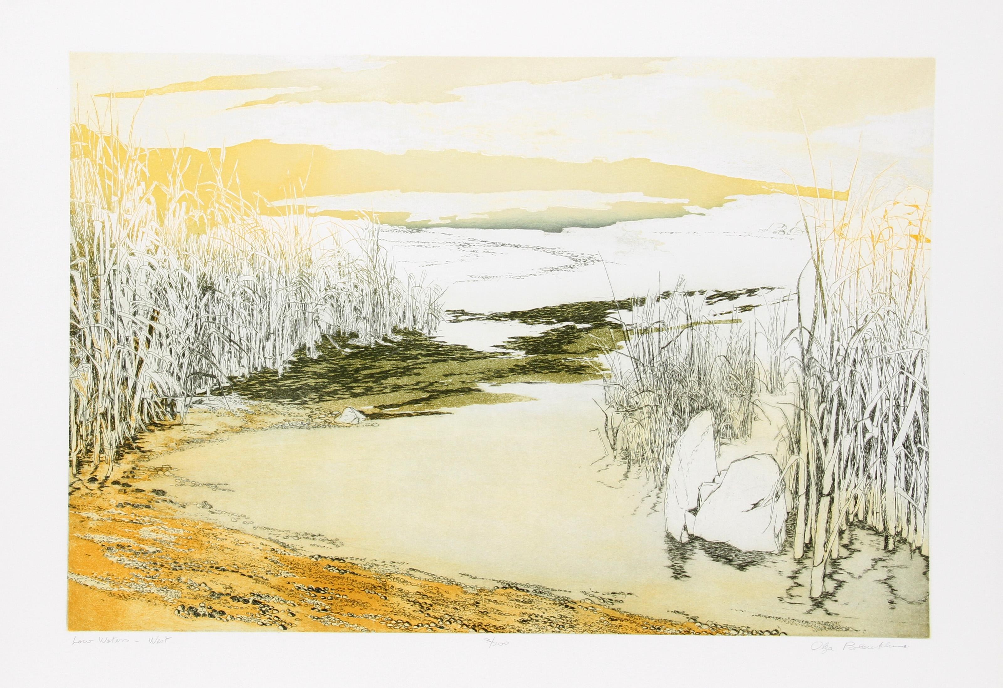 Olga Poloukhine, French/American - Low Waters West, Medium:  Aquatint Etching, Signed and Numbered in Pencil, Edition:  200, Size:  28.5 in. x 41.5 in. (72.39 cm x 105.41 cm), Description:  Leading to the shore, the sandy path bordered by beachgrass