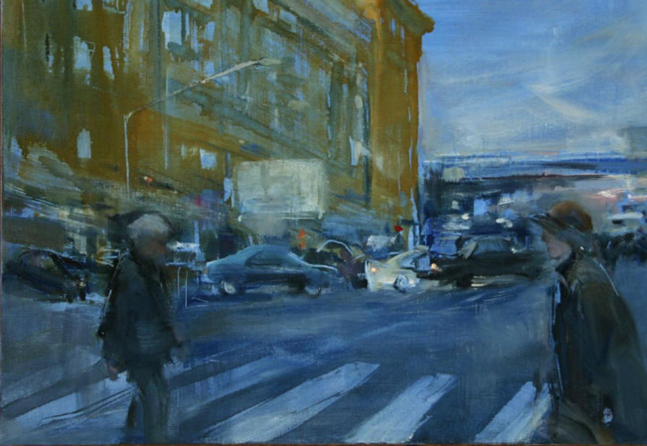 Crosswalk, Peinture à l'huile, paysage, paysage urbain, Prospekt Mira, Peace Alley, Urban - Painting de Olga Porter