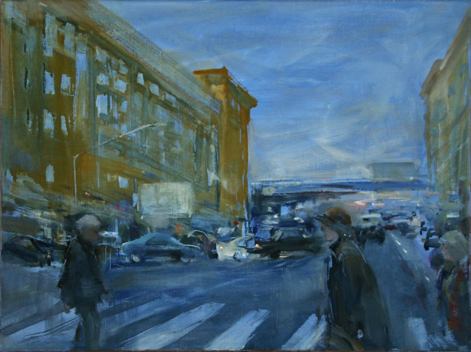 Crosswalk, Peinture à l'huile, paysage, paysage urbain, Prospekt Mira, Peace Alley, Urban - Impressionnisme Painting par Olga Porter