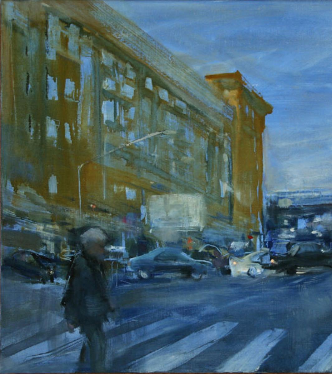 Crosswalk, Peinture à l'huile, paysage, paysage urbain, Prospekt Mira, Peace Alley, Urban - Bleu Figurative Painting par Olga Porter