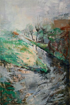 House on a Canal, Oil on Linen, Traveling in Netherlands, Low Sky, Outdoors,